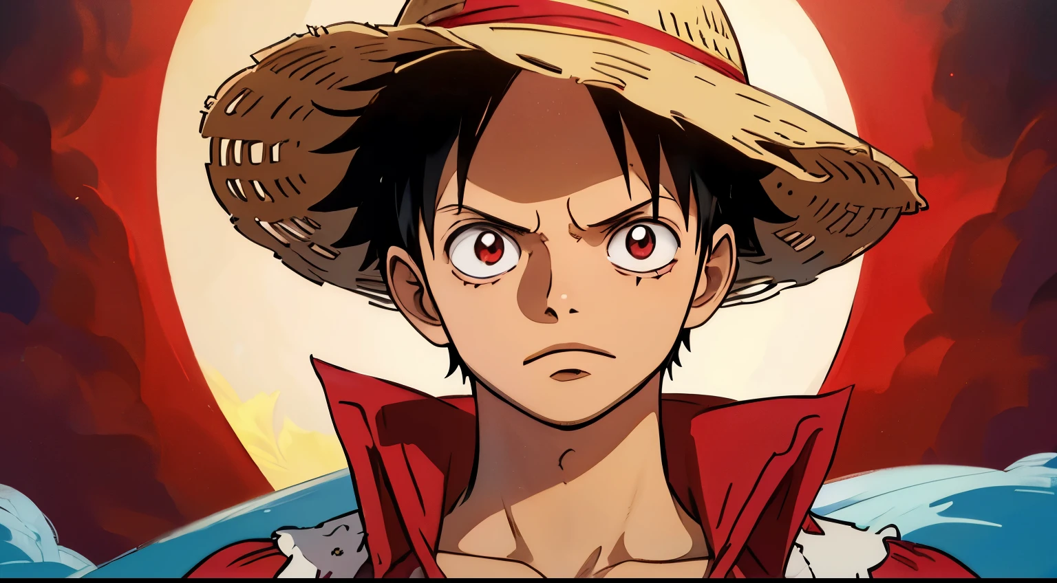 Luffy, sombrero de copa, extremadamente detallado, camisa roja, retrato, Cara vista de cerca, a hand on sombrero de copa