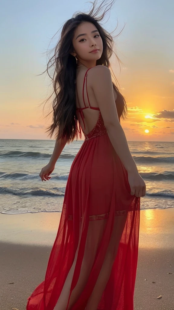 Stunning portrait of beautiful Asian dancer, dance on the beach over sunset wearing red long dress and her long hair hanging down beautifully 