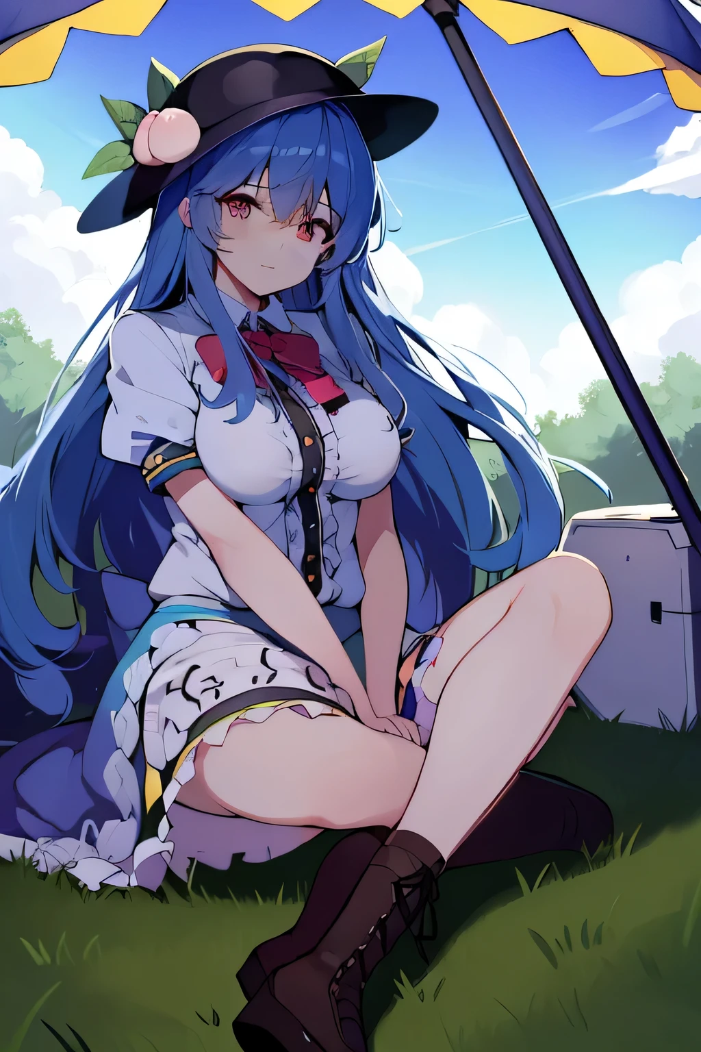 (masterpiece),best quality, expressive eyes, perfect face,w sitting, w sitting on ground, legs on ground, 1girl,
big breast, H-cup, good breast, hands on waist,beautiful, gorgeous,anime,girl,lora,hinanawi tenshi, blue hair, blue haired,tent , tent chest, tent breast, floating clothes
