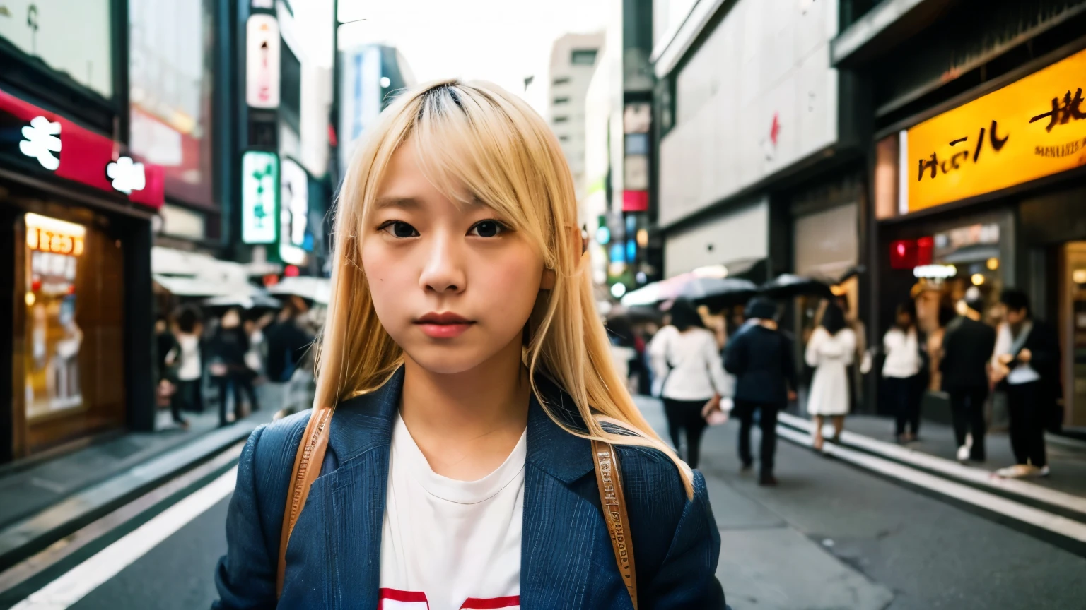 a 15 year old Japanese girl with blonde hair walking through the streets of shinjuku