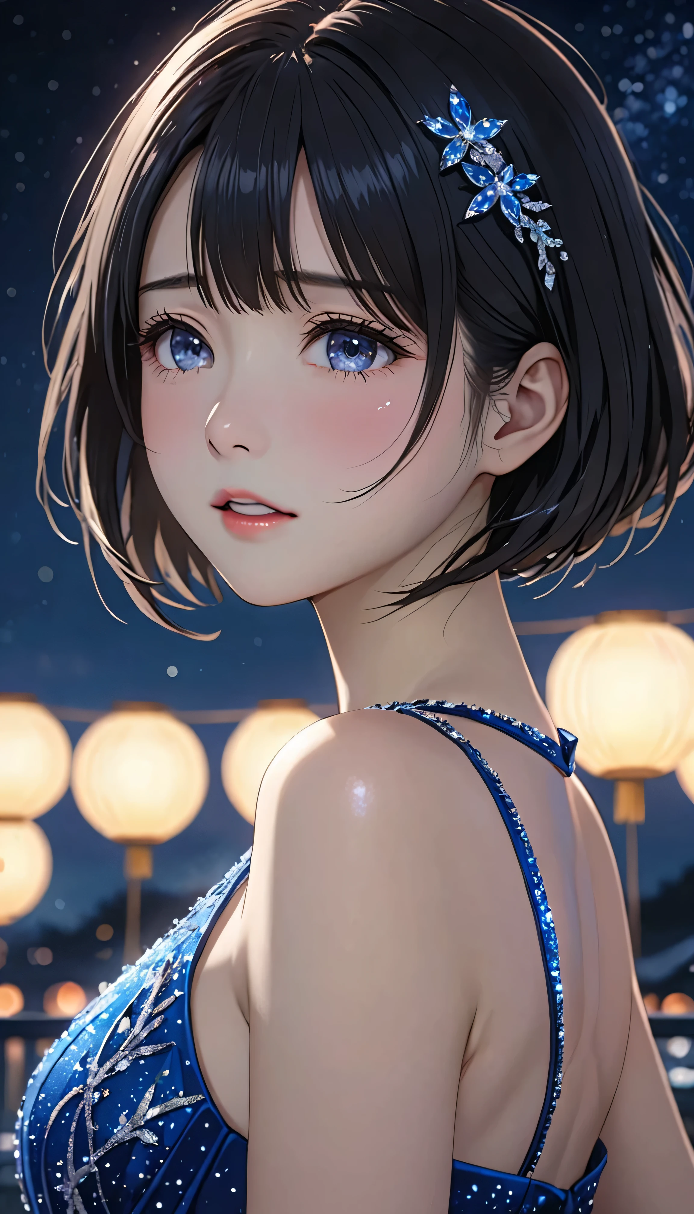 National Science Foundation,masterpiece,High resolution,8K,Art,digit,Kyoto Animation Style,your name movie style,Facing the camera,night,midnight,Light,(1 female: 1.3),(alone: 1.4),flowing thick black hair,Sparkling Light Evening Dress,Swarovski crystals on evening gown,crystal hairpin,long eyelashes,slender legs,short bob,sexy pose,Close-up of upper body,Close-up,close view,nightstarry sky,Eyes as deep as the starry sky,Blushed,shy,shy,open mouth,(Tearing up)