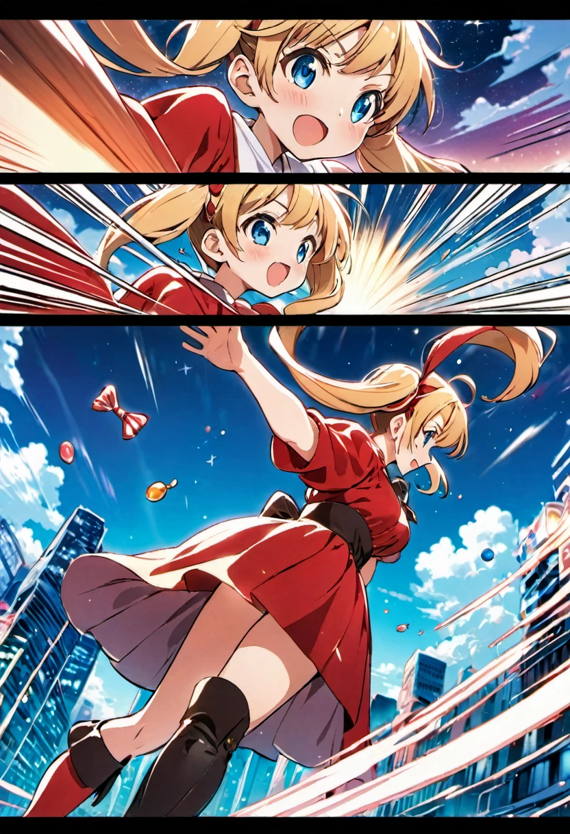 magical motion blur. (best quality, highres, ultra sharp), (motion blur:1.2), Candy Candy\' by Toei Animation, detailed art style, vintage aesthetic, emotional melodrama, inspired by Keiko Nagita and Yumiko Igarashi's original manga, Motion Blur, city night, Blonde, twintails, boots, red dress, ribbon, blue eyes, magical sky, stars, clouds, Motion Blur landscape, motion blur and motion blur, comic, vignettes