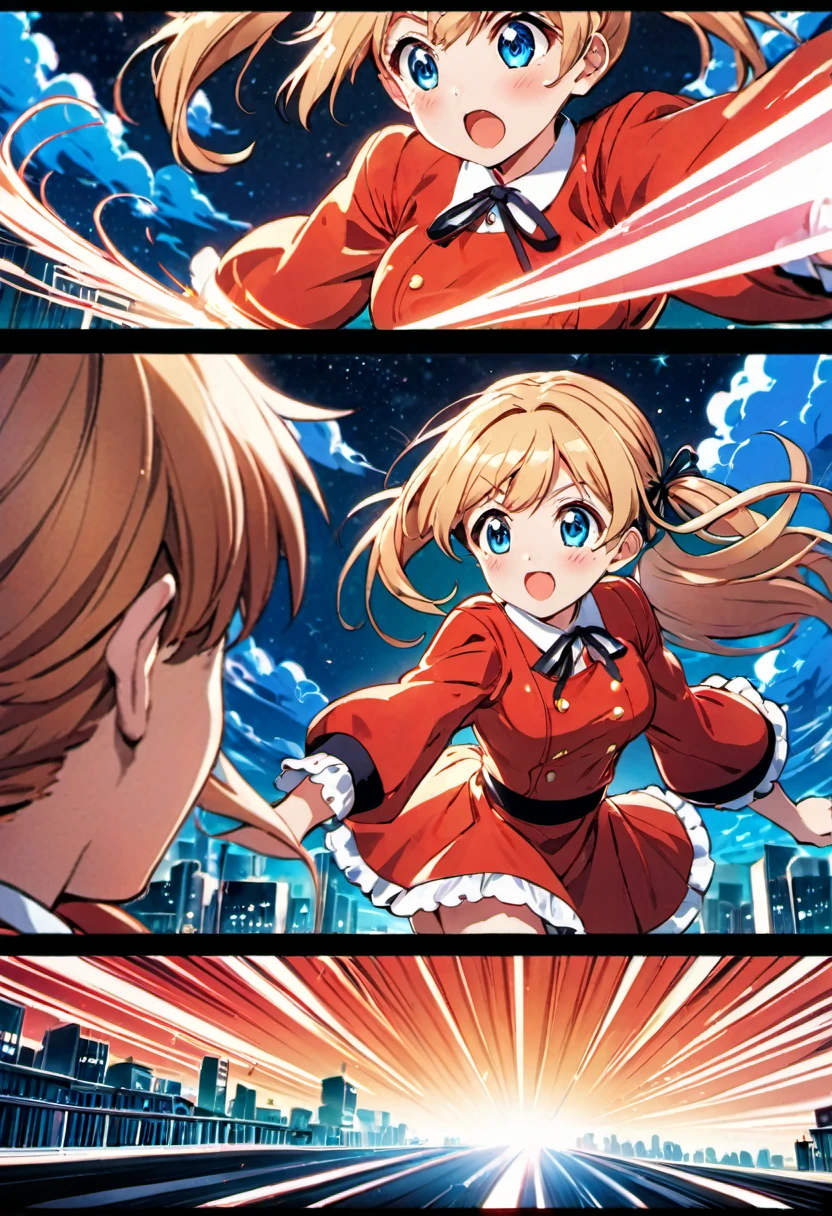 magical motion blur. (best quality, highres, ultra sharp), (motion blur:1.2), Candy Candy\' by Toei Animation, detailed art style, vintage aesthetic, emotional melodrama, inspired by Keiko Nagita and Yumiko Igarashi's original manga, Motion Blur, city night, Blonde, twintails, boots, red dress, ribbon, blue eyes, magical sky, stars, clouds, Motion Blur landscape, motion blur and motion blur, comic, vignettes