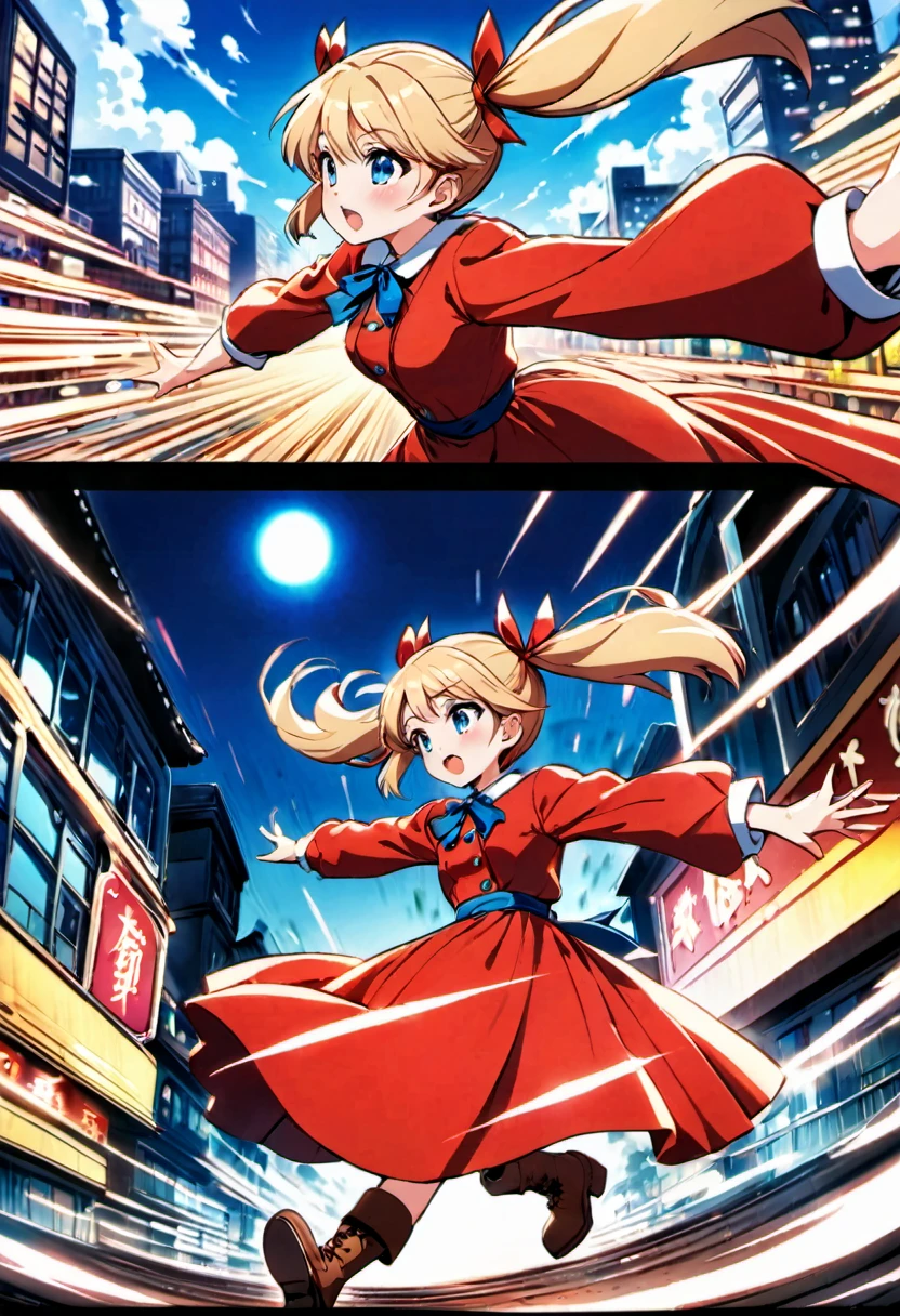 magical motion blur. (best quality, highres, ultra sharp), (motion blur:1.2), Candy Candy\' by Toei Animation, detailed art style, vintage aesthetic, emotional melodrama, inspired by Keiko Nagita and Yumiko Igarashi's original manga, Motion Blur, city night, Blonde, twintails, boots, red dress, ribbon, blue eyes, magical sky, stars, clouds, Motion Blur landscape, motion blur and motion blur, comic, vignettes