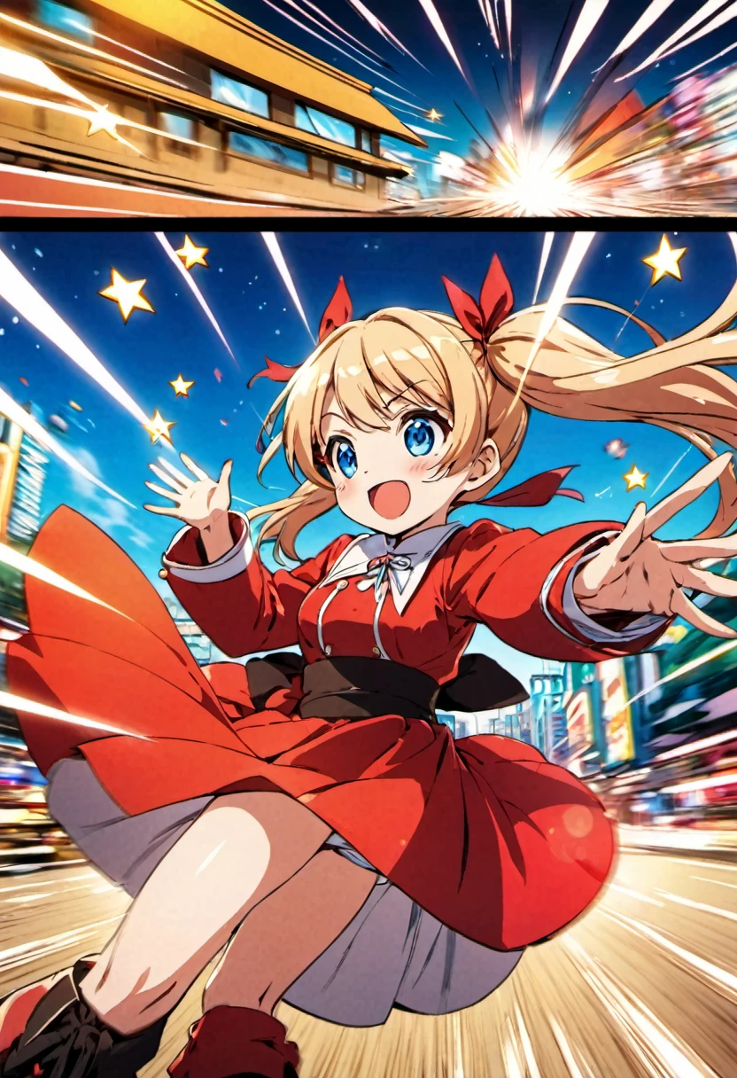 magical motion blur. (best quality, highres, ultra sharp), (motion blur:1.2), Candy Candy\' by Toei Animation, detailed art style, vintage aesthetic, emotional melodrama, inspired by Keiko Nagita and Yumiko Igarashi's original manga, Motion Blur, city night, Blonde, twintails, boots, red dress, ribbon, blue eyes, magical sky, stars, clouds, Motion Blur landscape, motion blur and motion blur, comic, vignettes