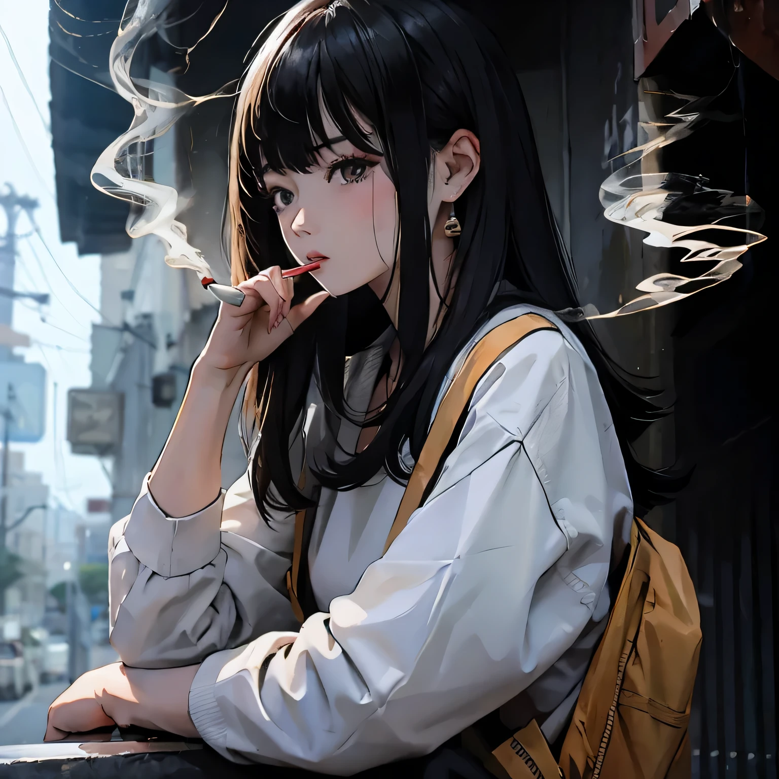 Asian girl smoking, pale, black straight hair 