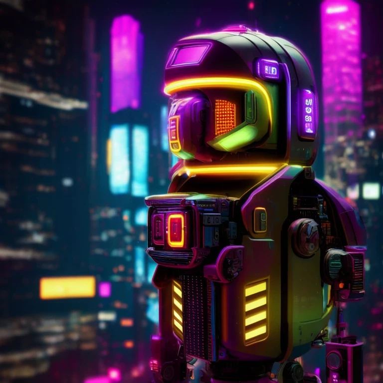 late night,cyberpunk lamp(((Side view)))side close-up,a close up of a robot with a glowing head and a purple background, cyber mech, in style of beeple, cyberpunk pikachu, style hybrid mix of beeple, 3 d render beeple, cute elaborate epic robot, beeple masterpiece, cyberpunk art style, yellow mech, beeple!!, cyber steampunk 8 k 3 d(((future)))(Telephoto angle of view)(Tilt-Shift)