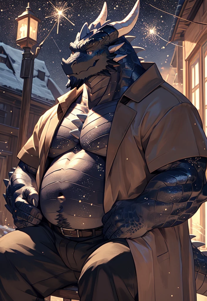 solo, kemono, (dragon), anthro, male, beard,((black body)), scales, tail, muscles, handsome, fat belly, overweight, fantasy,big chest,big belly, outside,sit at chair,coat, hairy belly and chest, (light particles),(best quality),(masterpiece),(ultra detailed),sharp focus,light particles