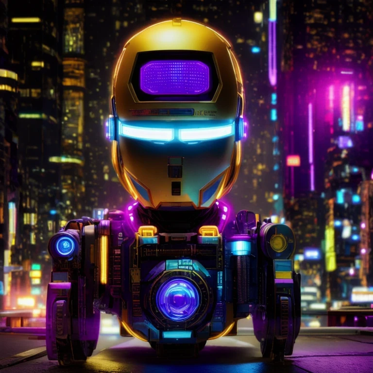 late night,cyberpunk lamp(((Side view)))side close-up,a close up of a robot with a glowing head and a purple background, cyber mech, in style of beeple, cyberpunk pikachu, style hybrid mix of beeple, 3 d render beeple, cute elaborate epic robot, beeple masterpiece, cyberpunk art style, yellow mech, beeple!!, cyber steampunk 8 k 3 d(((future)))(Telephoto angle of view)(Tilt-Shift)