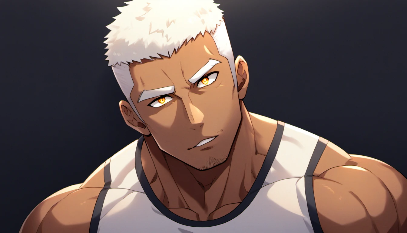 anime characters：Gyee, Fitness coach, Shining black skin, 1 muscular tough guy, Manliness, male focus, Cream White Sleeveless Tight T-Shirt, Very tight, The pectoral muscles are oversized, Slightly transparent, muscular male, muscular, only, Upper body, alone, White short hair, Thick eyebrows, stubble, Yellow eyes, Black background, simple background, amazing quality, best aesthetics, Ridiculous, bright pupils, crew cut, parted lips, seductive smile, torogao, naughty face, drop shadow, best quality