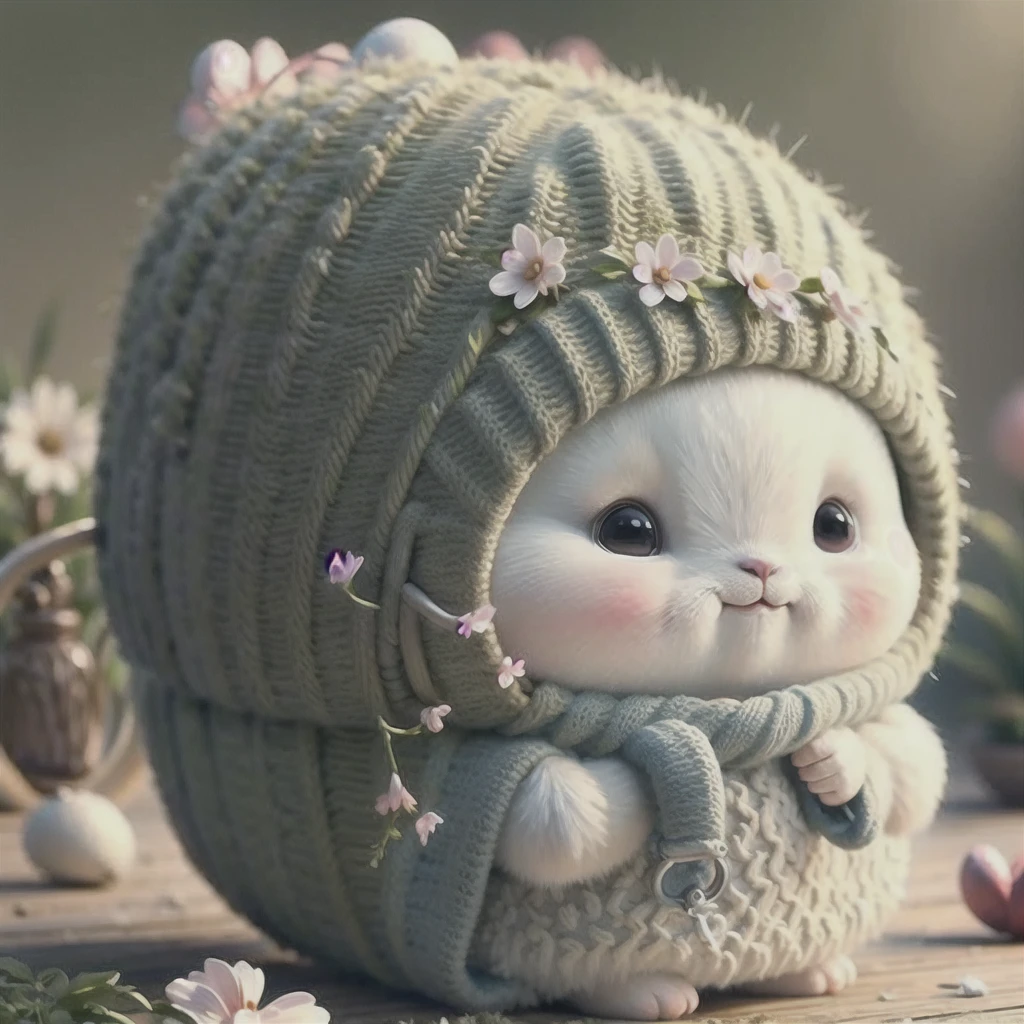 hold the camera, wood_stump, flowers, adorable , fluffy, realistic, soft lighting, 
