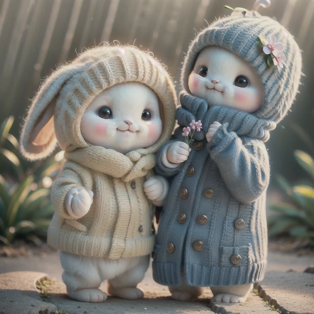 hold the camera, wood_stump, flowers, adorable , fluffy, realistic, soft lighting, 