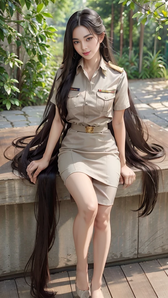 Khaki suit, khaki civil servant, Thai teacher uniform:1.3, Beautiful girl with extra long hair, Two meter long hair, Long hair that catches the eye, long black hair, Her hair is very long., Long, shiny hair, Long, thick, soft hair, Extra long hair, Dynamic posts, like full body, Short sleeve shirtสีกากี, short pencil skirtสีกากี, side cut, Decorated with military insignia., black high heels, The sexiest, small waist, hips raised, small thighs, Long legs, Huge breasts, Huge breasts:1.5, big breast, Very big breasts, Eye-catching breasts, A gigantic rift, Not completely covered, big breast, Huge breast, Big tits D, สาวTwo meter long hair, Beautiful face, red lips, Very shiny, แต่งBeautiful face, Military rank insignia, short pencil skirt, tight, ultra short skirt, very short skirt, Wear a miniskirt., Short sleeve shirt, tight fitting, in the background, blurred garden., seductive gesture, SMALL MODEL CHAIN BAG, C DE CARTIER