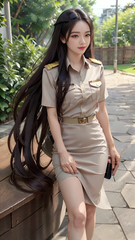 Khaki suit, khaki civil servant, Thai teacher uniform:1.3, Beautiful girl with extra long hair, Two meter long hair, Long hair that catches the eye, long black hair, Her hair is very long., Long, shiny hair, Long, thick, soft hair, Extra long hair, Dynamic posts, like full body, Short sleeve shirtสีกากี, short pencil skirtสีกากี, side cut, Decorated with military insignia., black high heels, The sexiest, small waist, hips raised, small thighs, Long legs, Huge breasts, Huge breasts:1.5, big breast, Very big breasts, Eye-catching breasts, A gigantic rift, Not completely covered, big breast, Huge breast, Big tits D, สาวTwo meter long hair, Beautiful face, red lips, Very shiny, แต่งBeautiful face, Military rank insignia, short pencil skirt, tight, ultra short skirt, very short skirt, Wear a miniskirt., Short sleeve shirt, tight fitting, in the background, blurred garden., seductive gesture, SMALL MODEL CHAIN BAG, C DE CARTIER