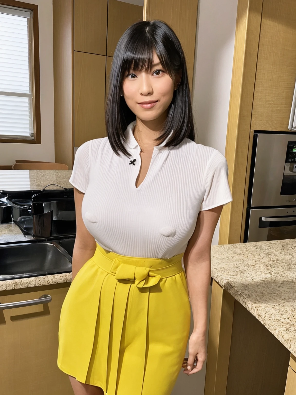 (8K,RAW photo,highest quality,masterpiece:1.8),(looking at the viewer:1.7)erotic,(standing in the kitchen:1.7),(huge breasts:1.8),(Very small waist:1.8),(very thin legs:1.8),(Tight white buttoned blouse:1.8),(A white blouse that accentuates the shape of her breasts:1.8)(Enchanted expression:1.8),(one japanese woman:1.9),(Tight black mini skirt:1.7),(curby body:1.7)
