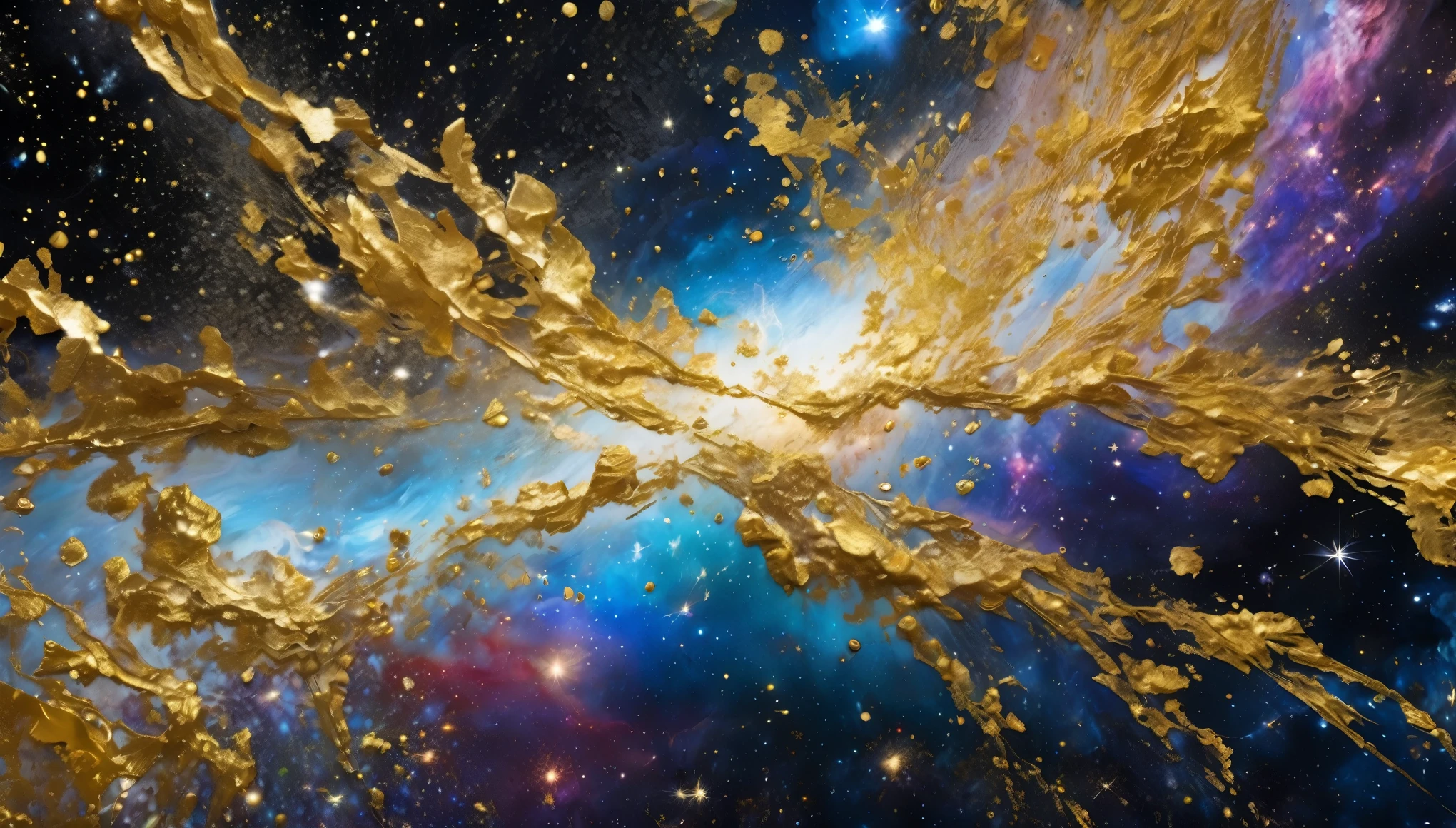 best quality, super fine, 16k, RAW photo, photorealistic, incredibly absurdres, extremely detailed, delicate, flashy and dynamic depiction, space fantasy, Milky Way made of gold leaf, glittering celestial bodies painted with shattered colorful gemstones, blend art, mixture art, design art