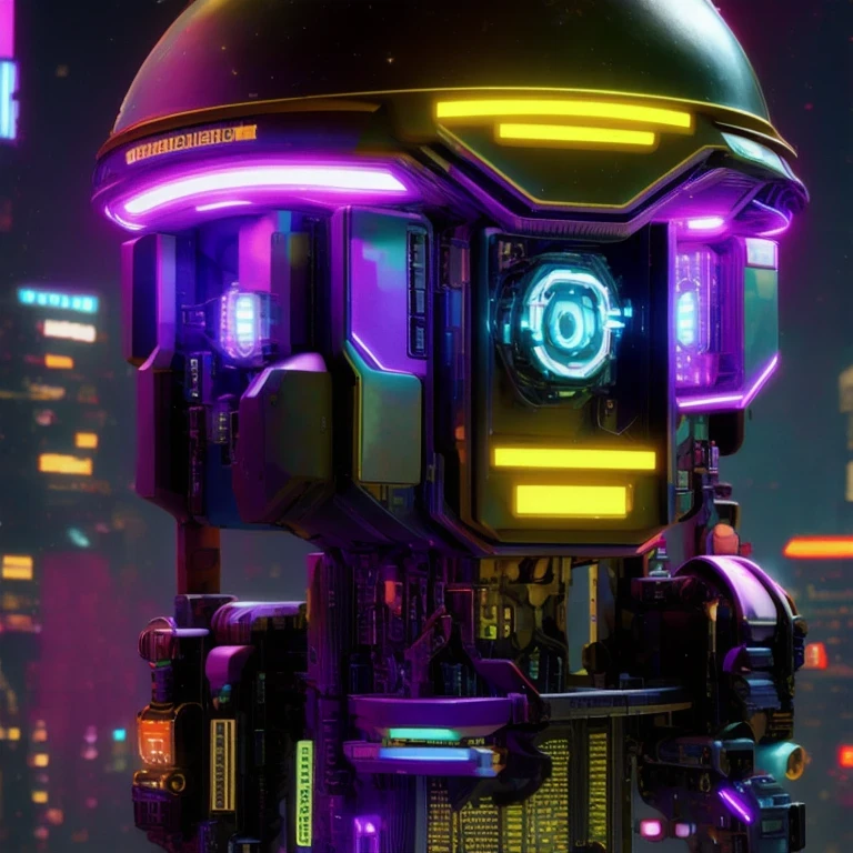 late night，cyberpunk lamp（（（Side view）））side close-up，a close up of a robot with a glowing head and a purple background, cyber mech, in style of beeple, cyberpunk pikachu, style hybrid mix of beeple, 3 d render beeple, cute elaborate epic robot, beeple masterpiece, cyberpunk art style, yellow mech, beeple!!, cyber steampunk 8 k 3 d（（（future）））（Telephoto angle of view）（Tilt-Shift）