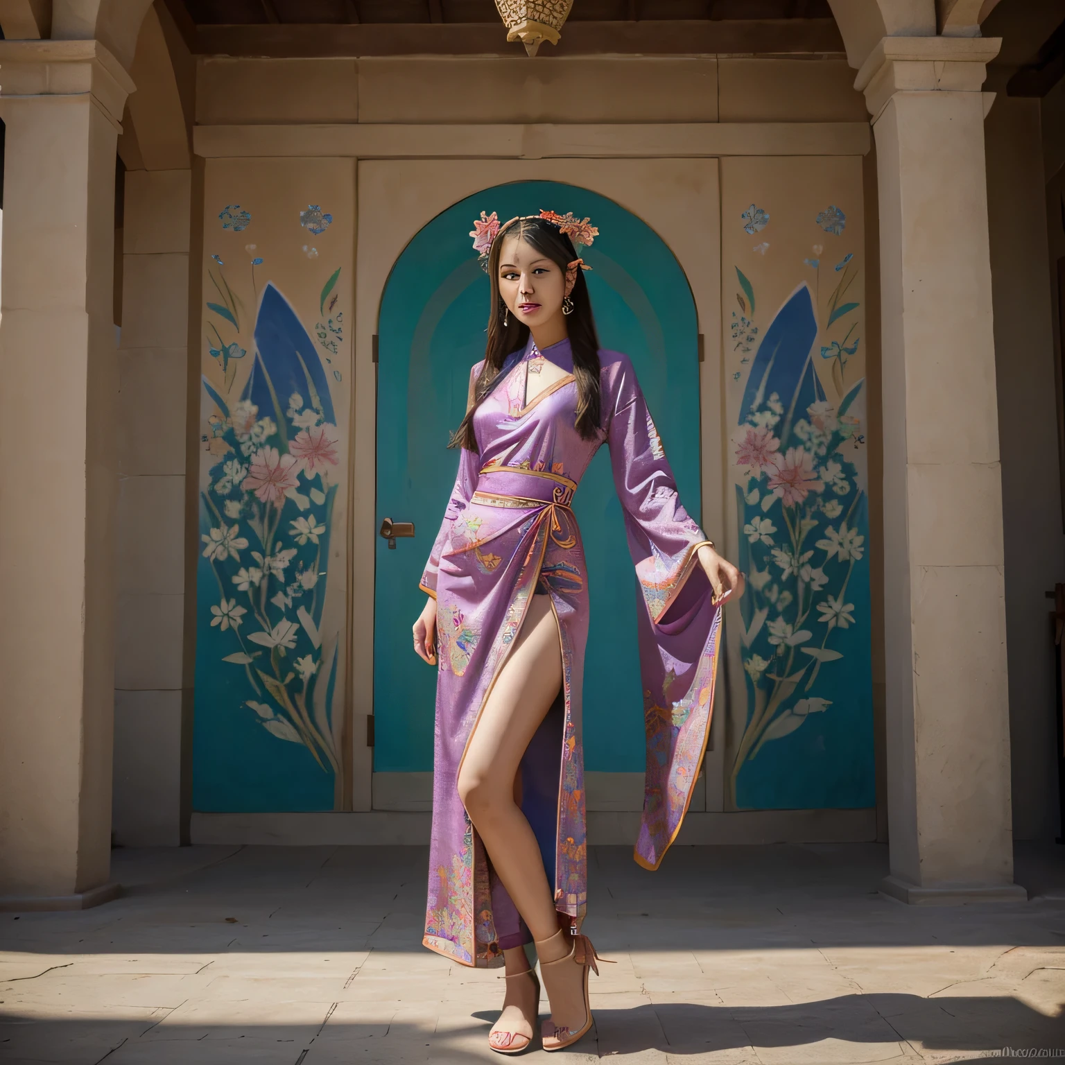 masterpiece,(best quality:1.3),ultra high res,raw photo,detailed skin,beautiful lighting,(realistic, photo-realistic:1.4),1girl,full body,dunhuang, korean, colorful clothes, serene expression, elegant pose, intricate patterns, vibrant colors, mystical atmosphere, traditional costume, standing in front of a magnificent mural, delicate brushwork. Pale skin, pretty, colorful long silky dress, with head piece