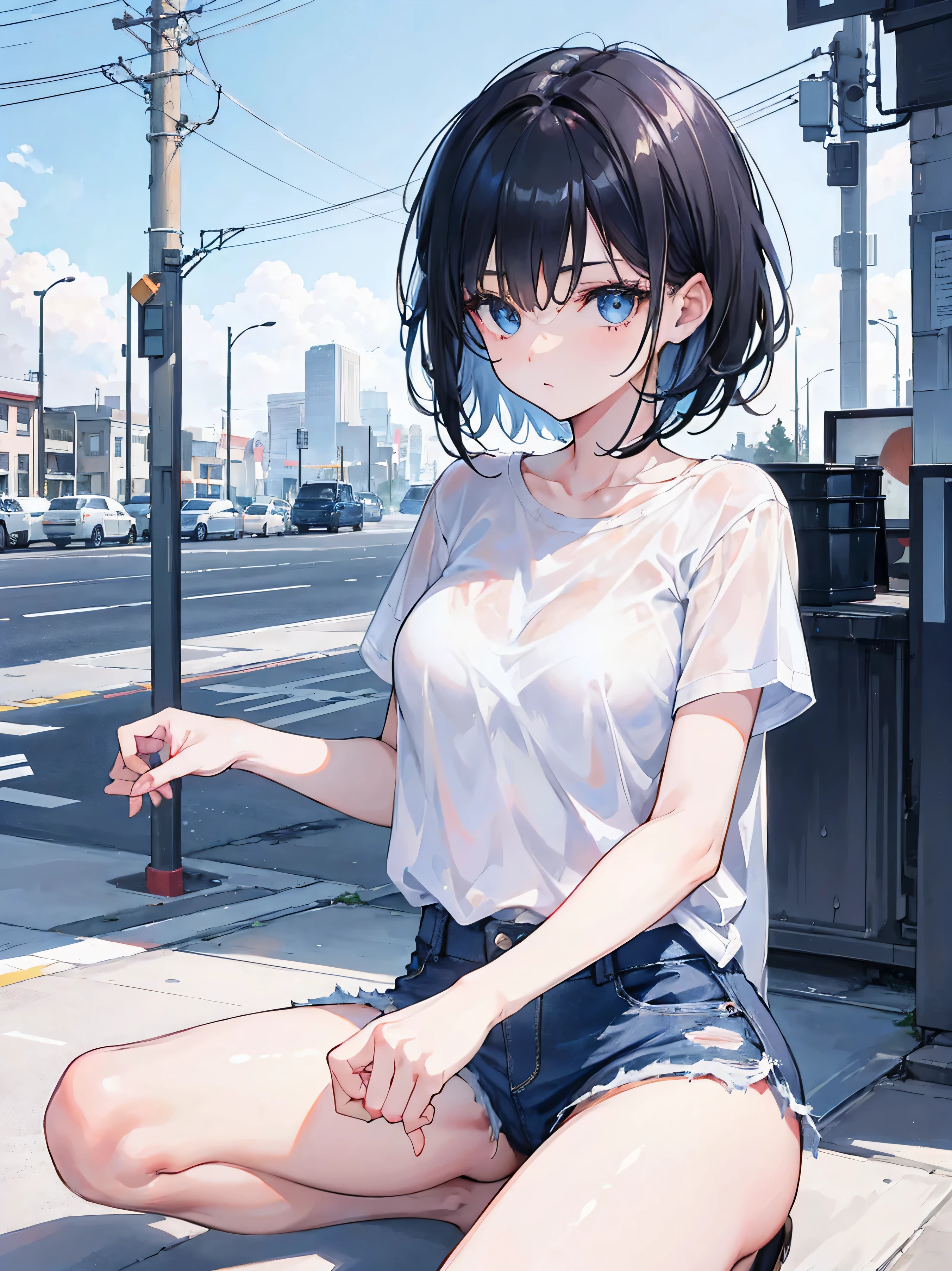 1girl, short black hair, blue eyes, wearing plain white shirt,
denim shorts, city, absurdres, high res, ultrasharp, 8K,
masterpiece, looking at viewer