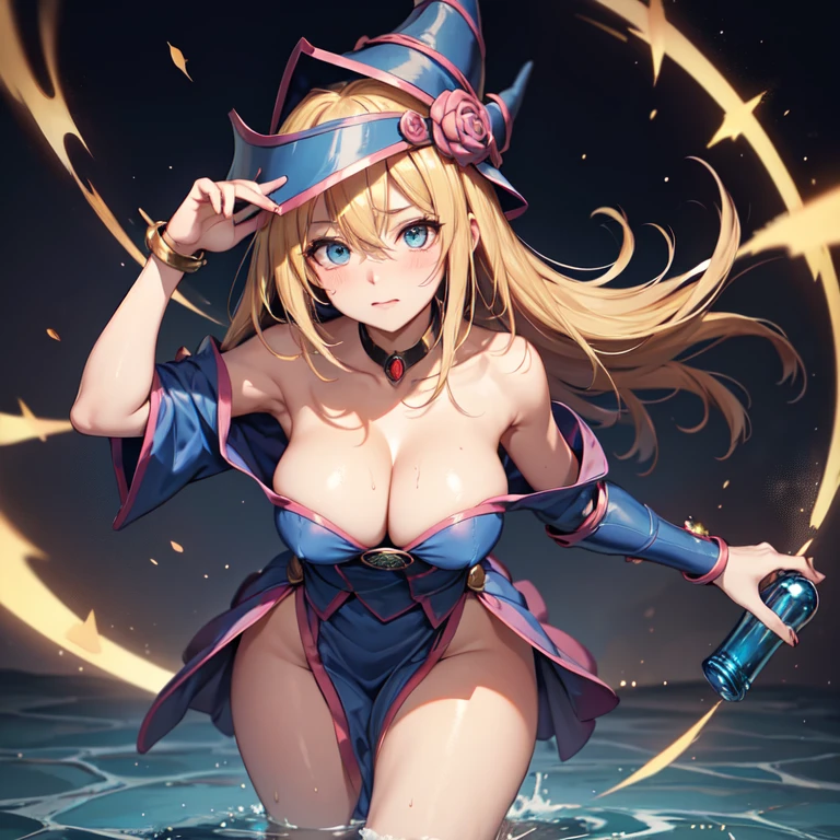 master piece,best quality,ultra detailed,8k,
ambient light,realistic skin,glossy skin,
（dark magician girl, duel monster, blush stickers, blonde hair, green eyes, long hair, breasts, blush, bangs, large breasts, hair between eyes, pentacle, pentagram, hat, dress, cleavage, bare shoulders, collarbone, choker, blue headwear, wizard hat, bracer, detached sleeves;）、
（A realistic depiction of a character trapped inside a glass bottle,：2）、（full body）、（the body is very wet：1.5）、red nail polish、yukata、glossy lips、Slightly emphasize the lower lip、blush、embarrassed expression、emphasizing the cleavage、