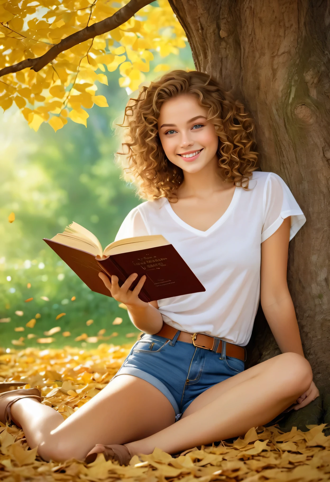 (masterpiece, best quality, Super detailed), an 18 year old female, #12: Curly Light Brown Hair, green eyes, delicate lips, Beige shirt and blue denim shorts, Smile, under the tree (leaning against tree) look(A book with a gold foil cover), Golden leaves falling, fantastic colors, natural scenery, Wisdom and tranquility, peaceful atmosphere, Leisurely posture, Gentle breeze, Energetic, Delicate texture.