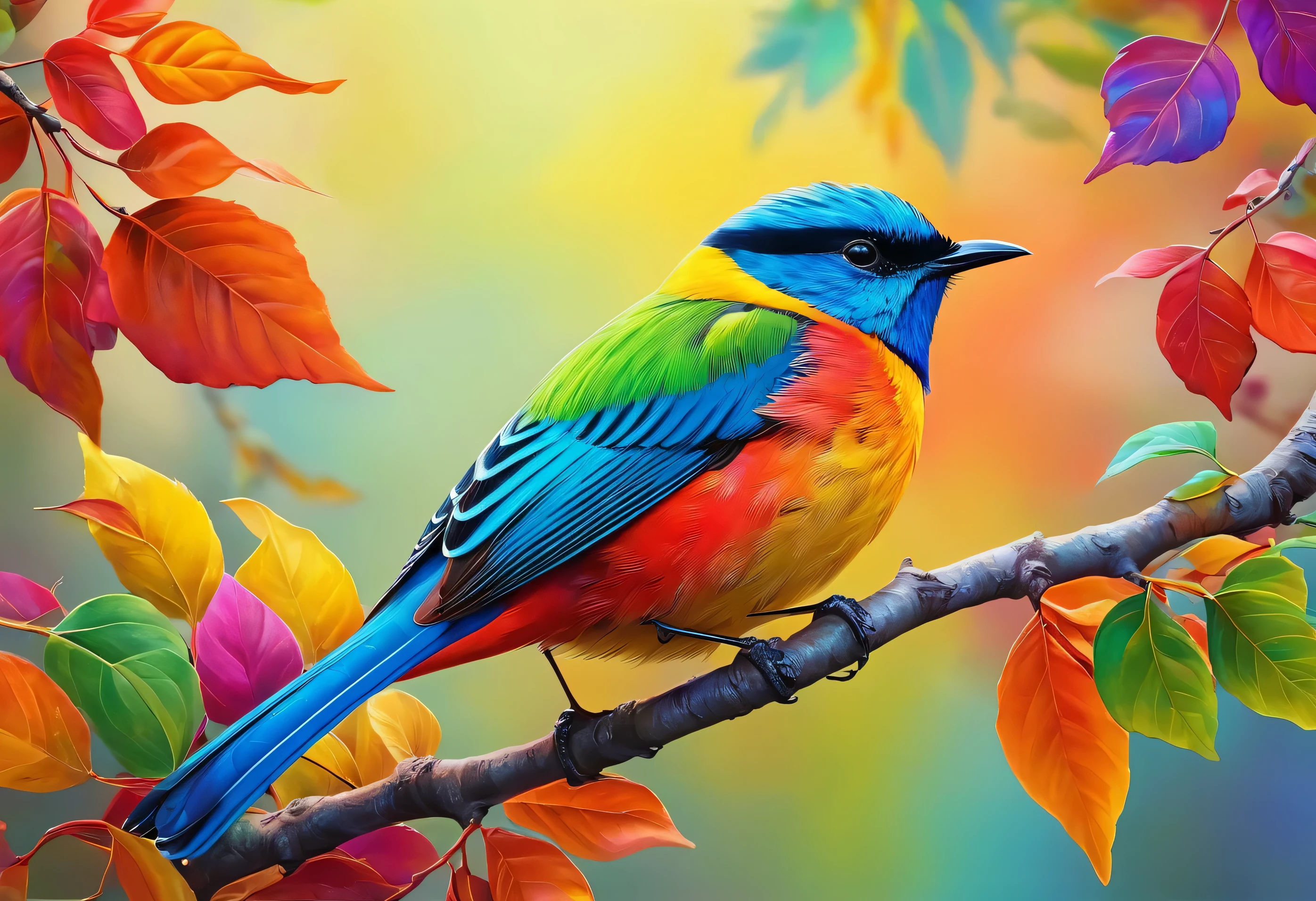A brightly colored bird perched on a branch with leaves in the background, Realistic paintings inspired by Charles Bird King, Trending on Pexels, fantasy art, Colorful 8 k, beautiful and colorful, colorful hd images, beautiful colorful, Multicolored birds, Long colorful bird, Beautiful bright colors, vivid realistic colors, Rich in color and detail