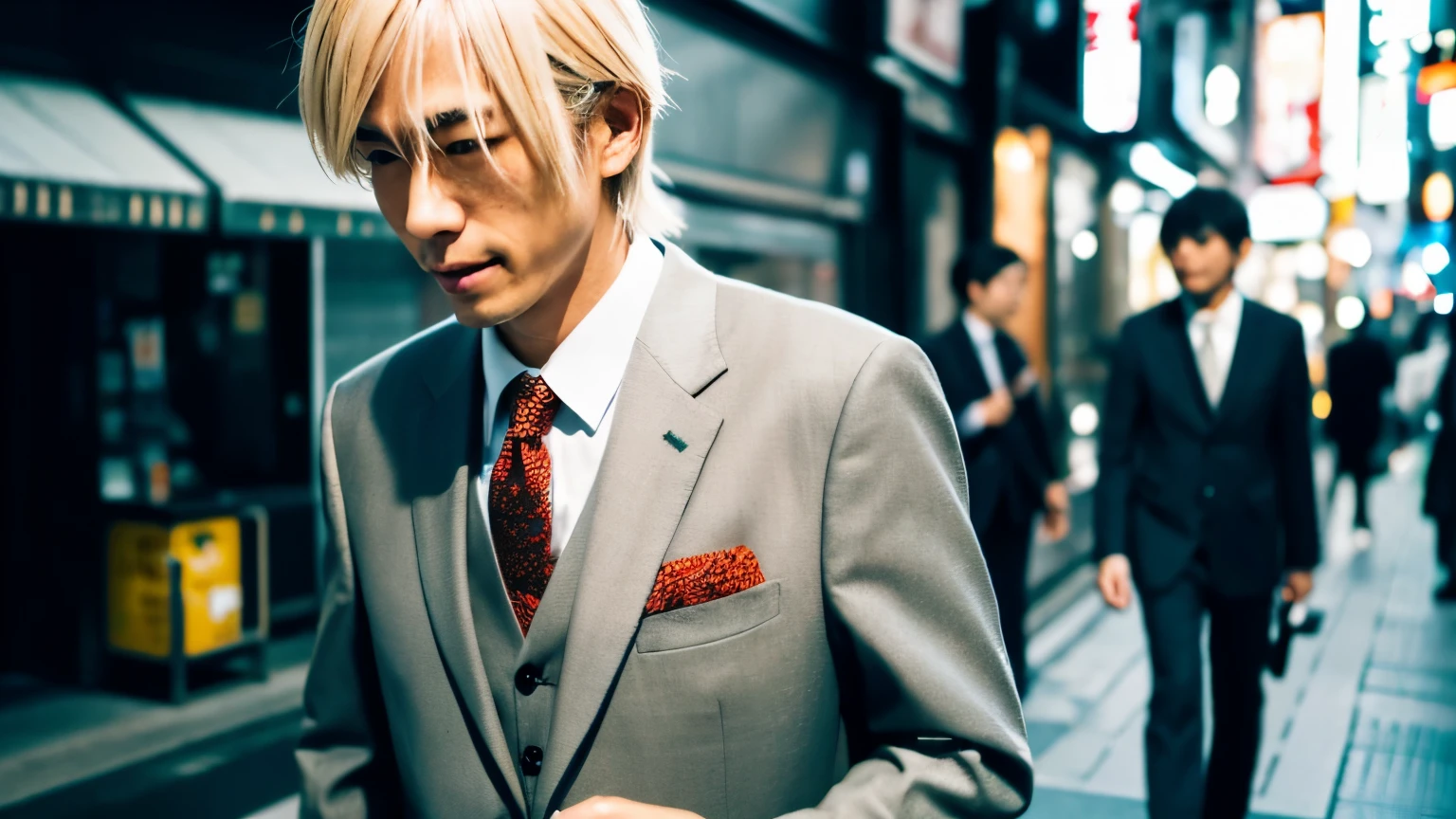 Japanese man with blond hair wearing a suit walking through the streets of Tokyo