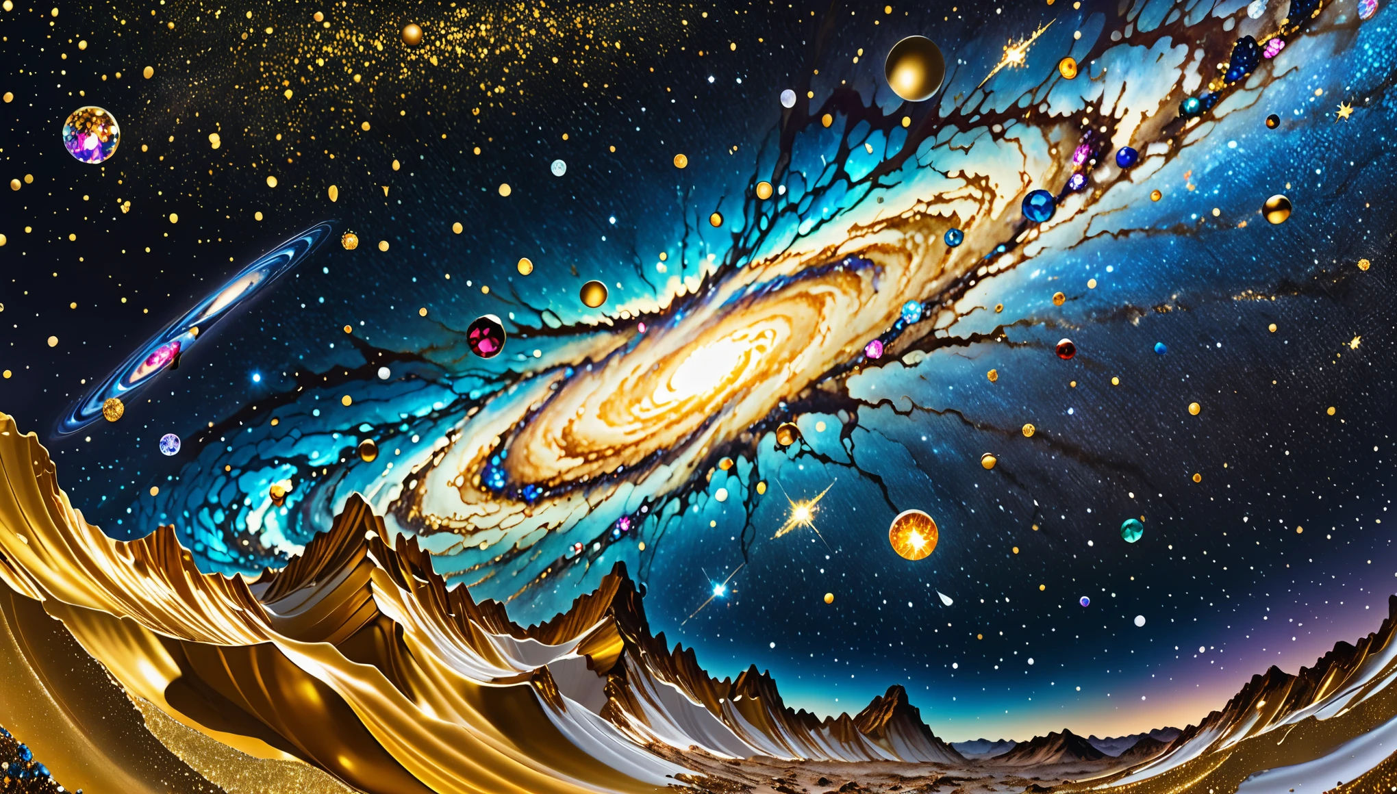 best quality, super fine, 16k, RAW photo, photorealistic, incredibly absurdres, extremely detailed, delicate, flashy and dynamic depiction, space fantasy, Milky Way made of gold leaf, glittering celestial bodies painted with shattered colorful gemstones, blend art, mixture art, design art