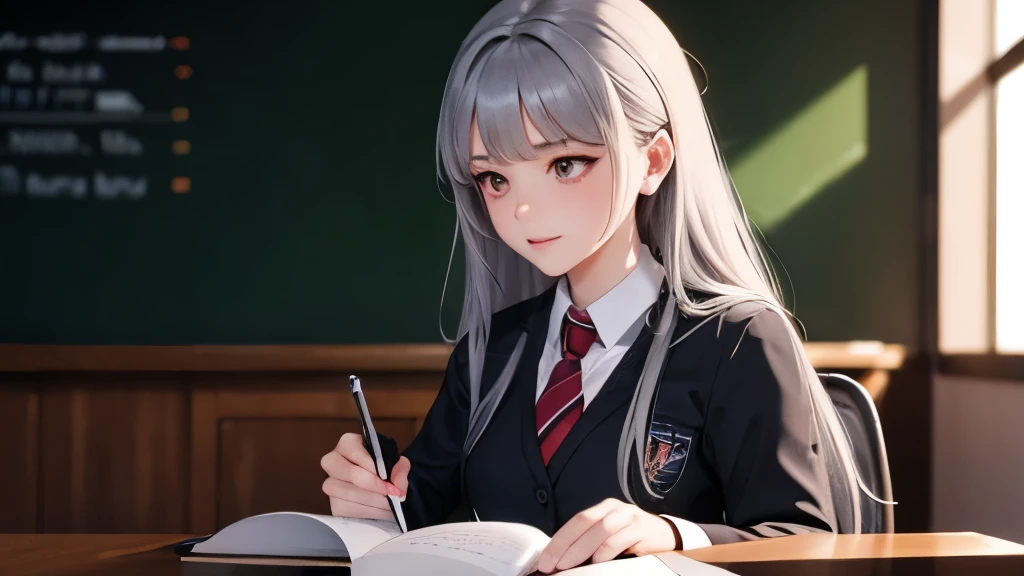high quality, 4k, best detailed, heavily shadow and light, 1girl, university outfit, she has grey hair and dark red eyes, she's in the classroom, focusing on her study, she's sitting and writing.