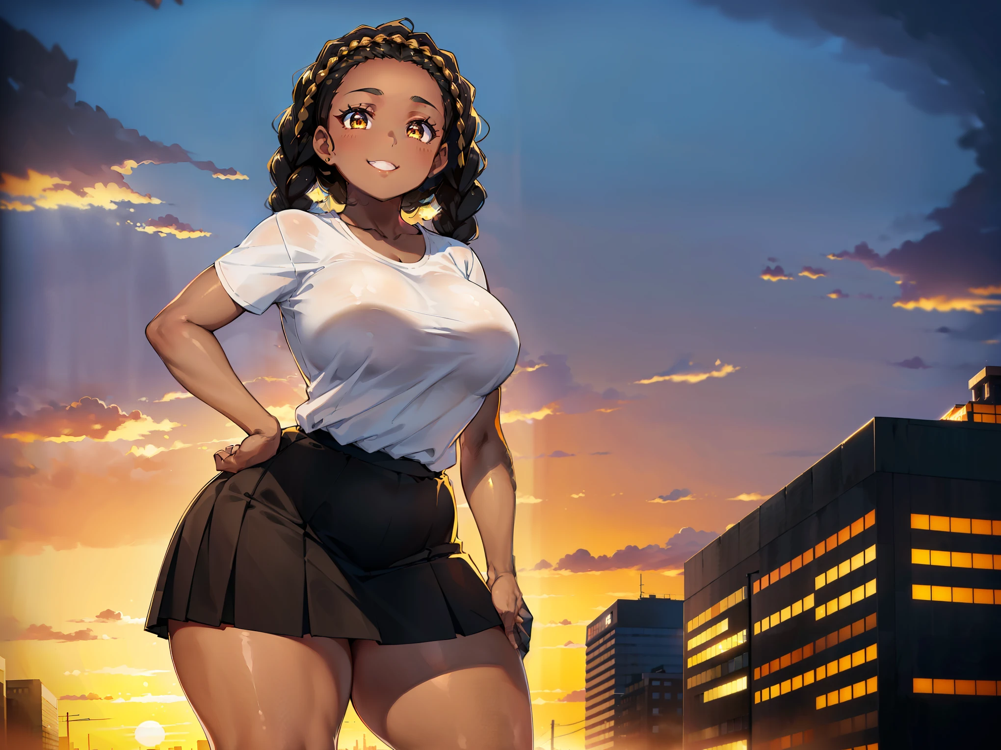 4K Quality, (cute black woman), ((hands behind back pose)), (cute smile), ((brown braids)), ((dark skinned)), ((black skirt and shirt)), ((thick thighs)), big breasted, big ass, (facing the viewer), (in the city), ((golden eyes)), (sunset)
