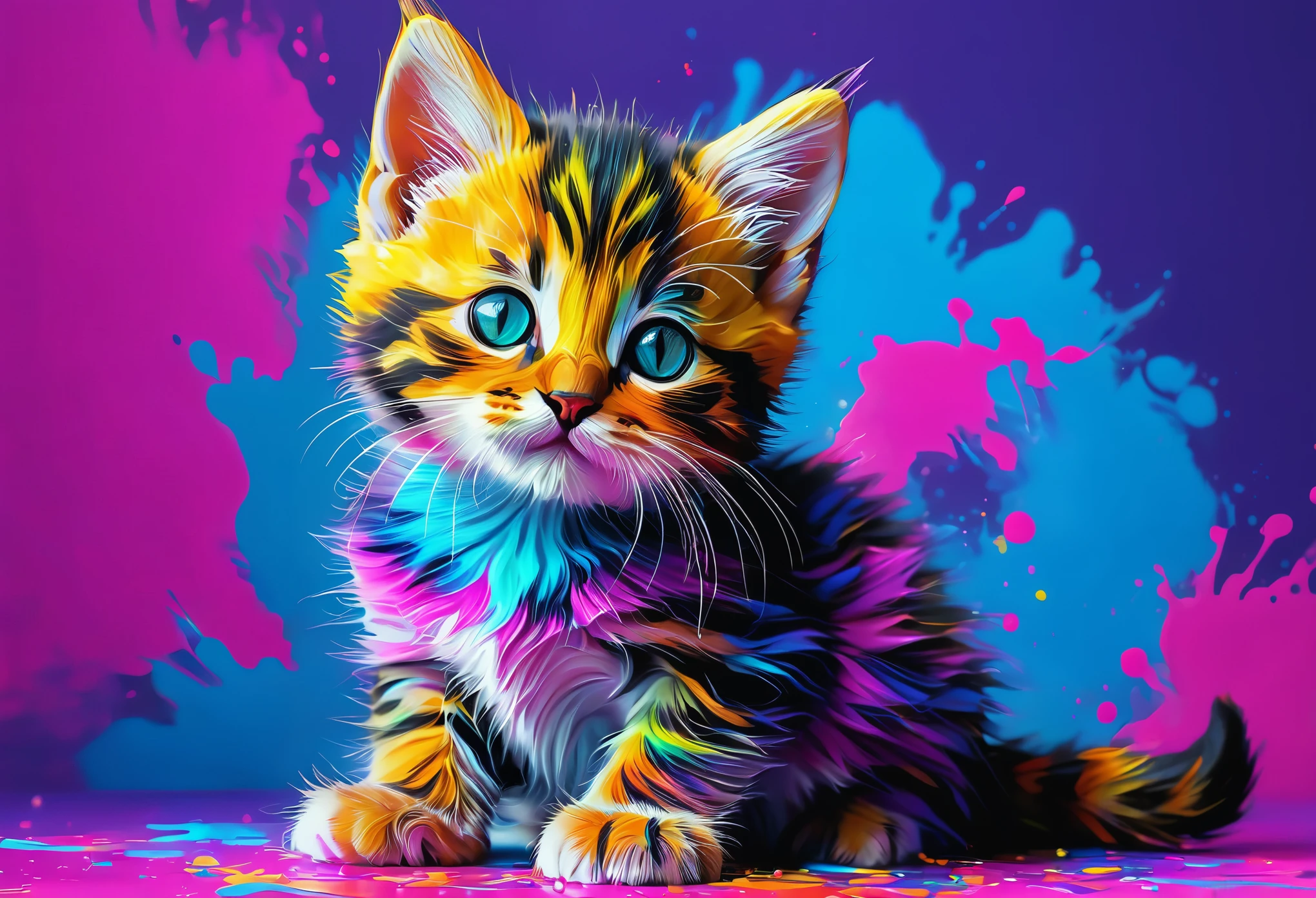
kitten whole body　painting of a Cat colorful ザハリ・ゾグラフによるエアブラシの絵, shutter stock, Furry Art, beautiful neon Cats, Cat. digital painting, Beautiful art UHD 4K, Detailed painting 4k, 4K high-definition digital art, awesome Cat, digital painting highly detailed, colorful hd images, 4k detailed digital art