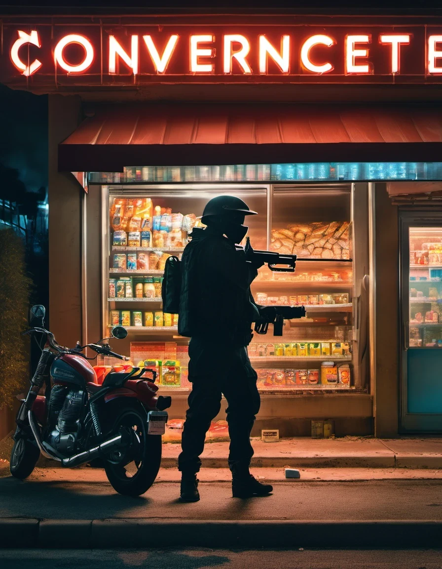 (midnight convenience store), (Glass shattered:1.2),fire。Burning Midnight Convenience Store,Masked man with gun,firing a gun,motorcycle,commercial photography, Canon EF 35mm, f1.8, Photography, fine detail, highly photorealistic, HD, HDR, 8K, real-life.
