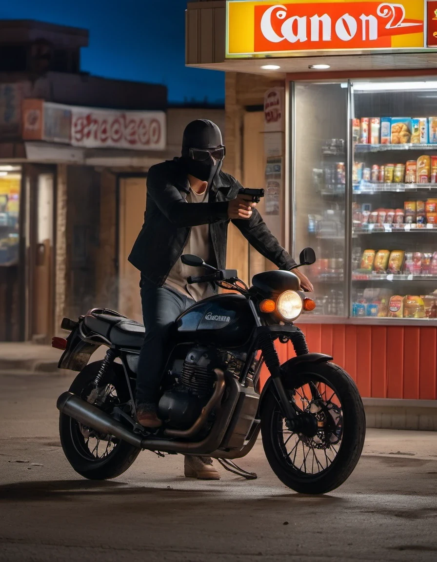 (midnight convenience store), （Glass shattered：1.2），Midnight convenience store，Masked man with gun，firing a gun，motorcycle，commercial photography, Canon EF 35mm, f1.8, Photography, fine detail, highly photorealistic, HD, HDR, 8K, real-life.