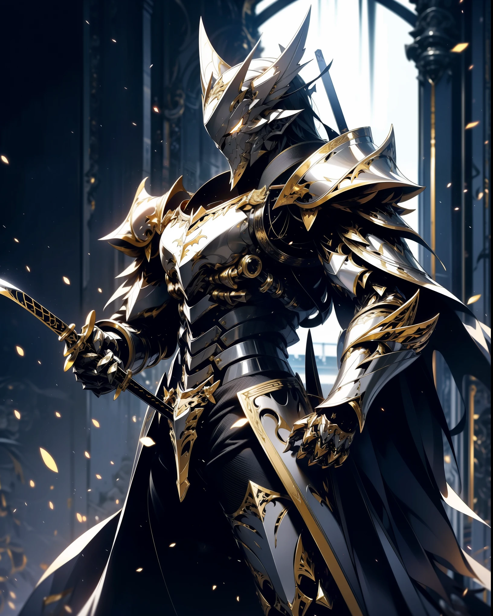 batman in armor with a sword and a cape on his shoulders, intricate assassin mecha armor, elegant smooth silver armor, sleek smooth white plated armor, silver cyber armor, gold and silver armour suit, shiny silver metal armor, arasaka mech, white plated armor, god king of ai art, silver and gold heavy armor, shiny metal armor, white metallic armor