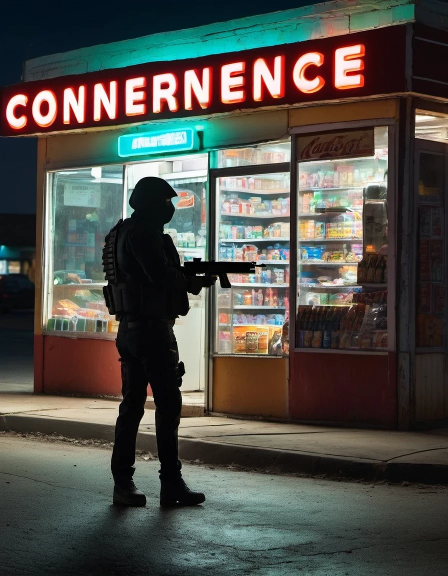 (midnight convenience store), （Glass shattered：1.2），Midnight convenience store，Masked man with gun，firing a gun，motorcycle，commercial photography, Canon EF 35mm, f1.8, Photography, fine detail, highly photorealistic, HD, HDR, 8K, real-life.