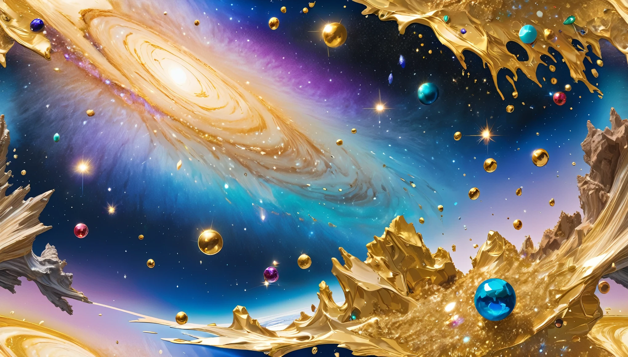 best quality, super fine, 16k, RAW photo, photorealistic, incredibly absurdres, extremely detailed, delicate, flashy and dynamic depiction, space fantasy, Milky Way made of gold leaf, glittering celestial bodies painted with shattered colorful gemstones, blend art, mixture art, design art