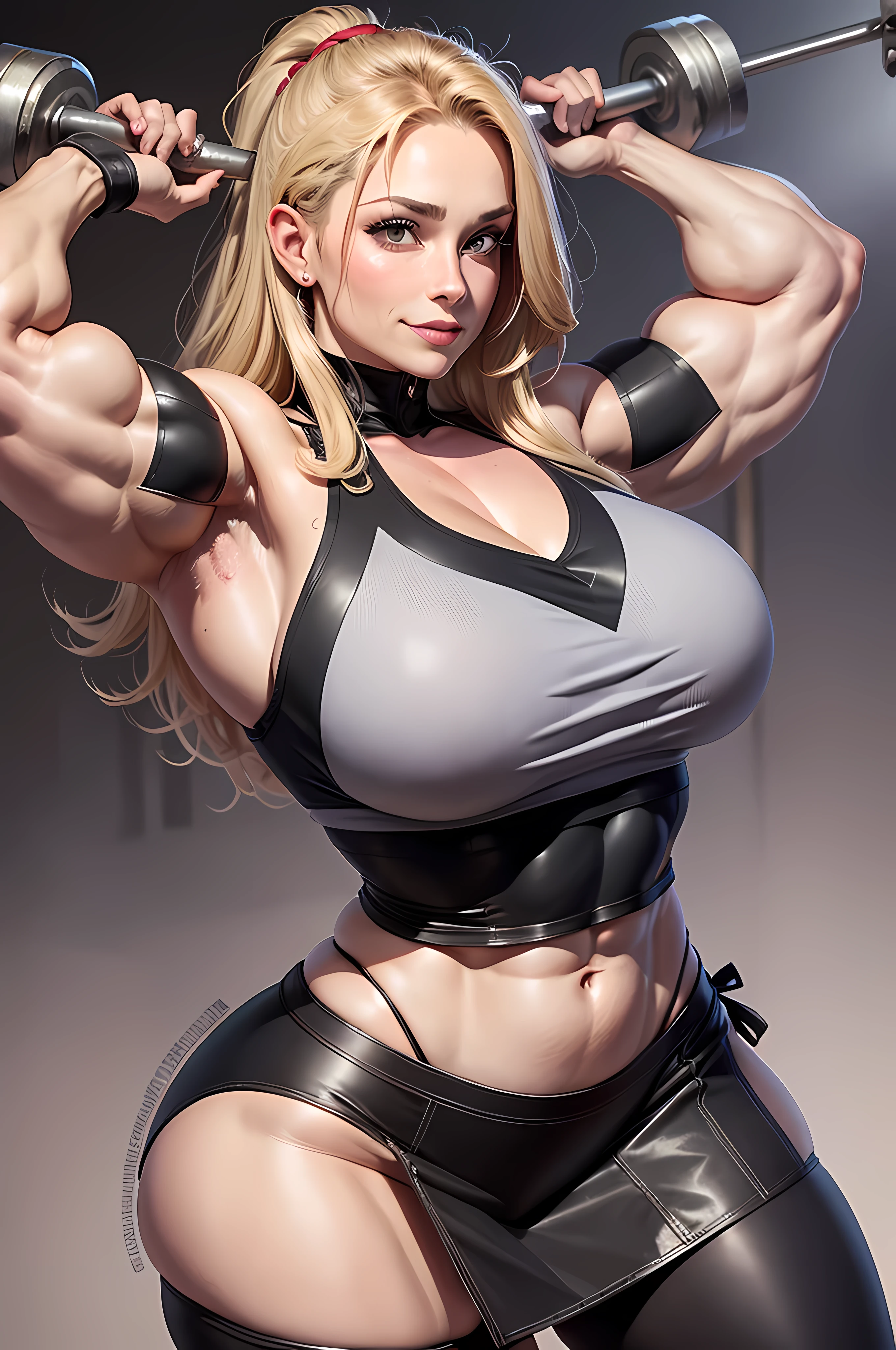 Beautiful face,, 40-year-old Caucasian woman, smiling, lifting a 100kg barbell to chest level to show off the heaving arm muscles, tall, height 180cm, foot size 28cm, black leather long boots, pose to emphasize boots, female teacher, girls' school sailor uniform, vest, short-sleeved blouse, tie, mini pleated skirt, male body (( Chest muscles of male bodybuilders)), ((exaggerated muscles and physique)), ((exaggerated pectoralis major muscles)), ((very large muscle mass)), blood vessels protruding, protruding abs, thick waist circumference, ((muscular thighs)), (((huge muscular ass))), ((wide hips)), (slim waist), (((wide shoulders))), ((bust huge)), dark hair, gymnasium