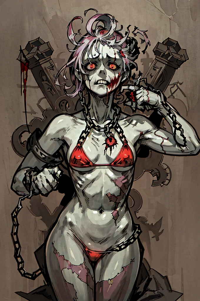 ((Background made up of chains and ruins))、scribble, nightmare, doll-like face, cartoon style, rough sketch, Horror elements, (masterpiece), (High resolution), (super delicate), (clear), Manga style illustration, (drawing style), Japanese painting, The whole body is scary, (Spooky), Japan sculpture,crazy illustration, flat illustration, Spookyな外観, Characteristic hairstyle, Unique atmosphere、Splattering blood、Beautiful Frankenstein、Small eyes、(flat chest), Mr.々colored hair,Chains wrapped around the body、(A sewn-together body))、They're coming at me.,Skin full of stitches,restrained by thick chains,red bikini