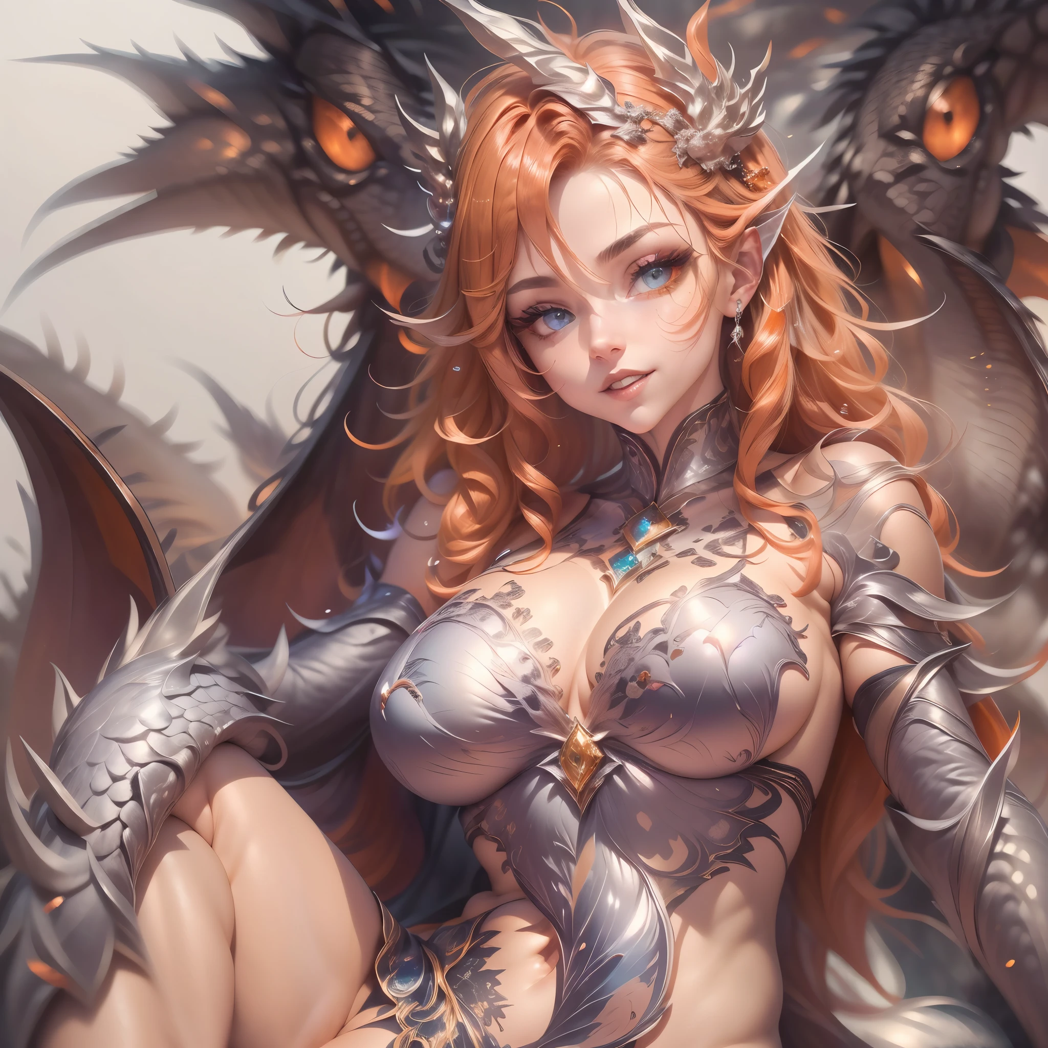 (best quality,4k,8k,highres,masterpiece:1.2, portrait), ultra-detailed, realistic, naked sexy dragon woman with glittering silver scales, skin is glittering silver scales, medium length fiery orange hair with black highlights, very playful but mischievous smile, huge tits, gigantic breasts, naked, nude, detailed crotch, detailed vulva, sexy pose, spread legs, playful, bi-coloured eyes, heterochromia, lustful