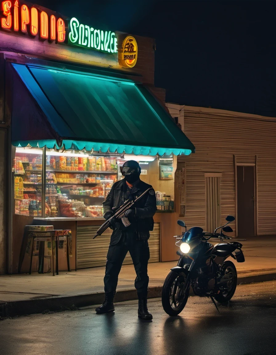(midnight convenience store), (Glass shattered:1.2),Midnight convenience store,Masked man with gun,firing a gun,motorcycle,commercial photography, Canon EF 35mm, f1.8, Photography, fine detail, highly photorealistic, HD, HDR, 8K, real-life.