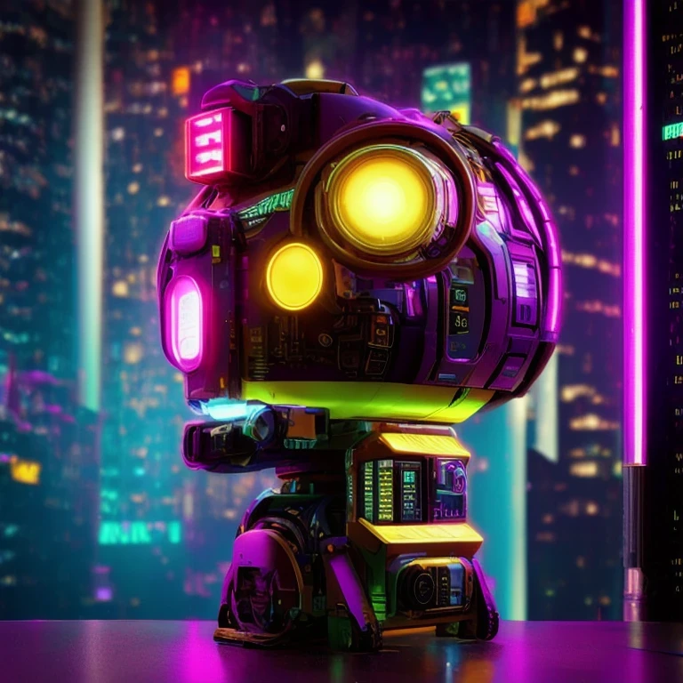 late night，cyberpunk lamp（（（Side view）））side close-up，a close up of a robot with a glowing head and a purple background, cyber mech, in style of beeple, cyberpunk pikachu, style hybrid mix of beeple, 3 d render beeple, cute elaborate epic robot, beeple masterpiece, cyberpunk art style, yellow mech, beeple!!, cyber steampunk 8 k 3 d（（（future）））（Telephoto angle of view）（Tilt-Shift）