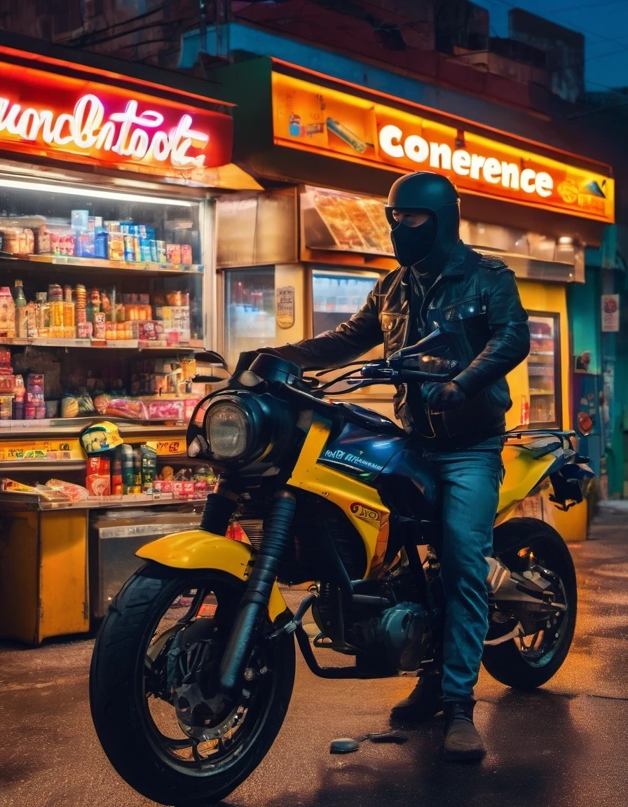 (midnight convenience store), Midnight convenience store with shattered glass,Masked man with gun,firing a gun,motorcycle,commercial photography, Canon EF 35mm, f1.8, Photography, fine detail, highly photorealistic, HD, HDR, 8K, real-life.