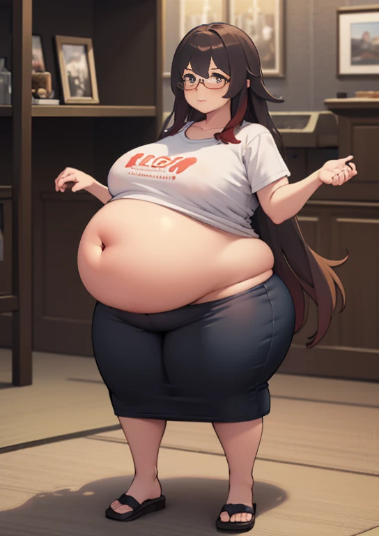 (masterpiece, best quality, highly detailed), 1girls, big belly, huge belly, art by kipteitei, round belly, chubby, curvy, belly grab, enormous belly, fat belly, thicc, bigger belly, really big belly, jiggly belly, shirt covering belly, belly cover by shirt, glasses, ((full body)), long hair