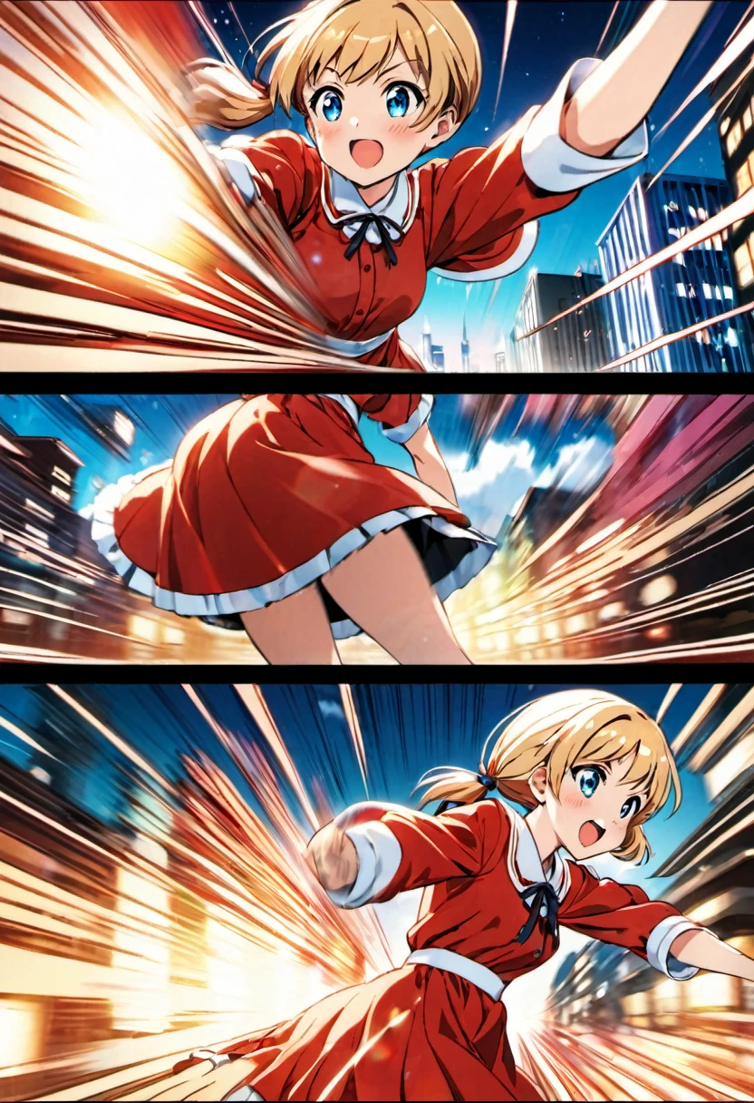 magical motion blur. (best quality, highres, ultra sharp), (motion blur:1.2), Candy Candy\' by Toei Animation, detailed art style, vintage aesthetic, emotional melodrama, inspired by Keiko Nagita and Yumiko Igarashi's original manga, Motion Blur, city night, Blonde, twintails, boots, red dress, ribbon, blue eyes, magical sky, stars, clouds, Motion Blur landscape, motion blur and motion blur, comic, vignettes