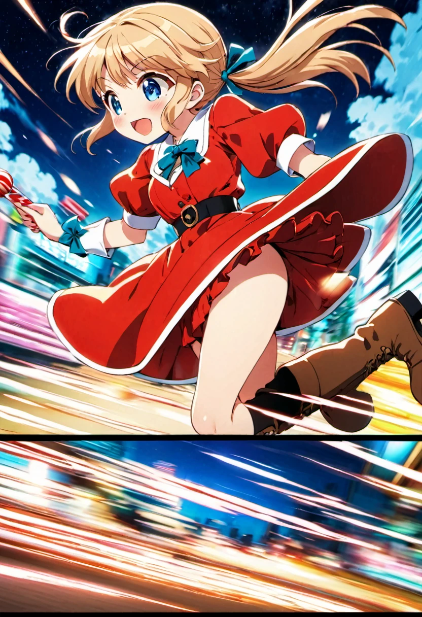 magical motion blur. (best quality, highres, ultra sharp), (motion blur:1.2), Candy Candy\' by Toei Animation, detailed art style, vintage aesthetic, emotional melodrama, inspired by Keiko Nagita and Yumiko Igarashi's original manga, Motion Blur, city night, Blonde, twintails, boots, red dress, ribbon, blue eyes, magical sky, stars, clouds, Motion Blur landscape, motion blur and motion blur, comic, vignettes