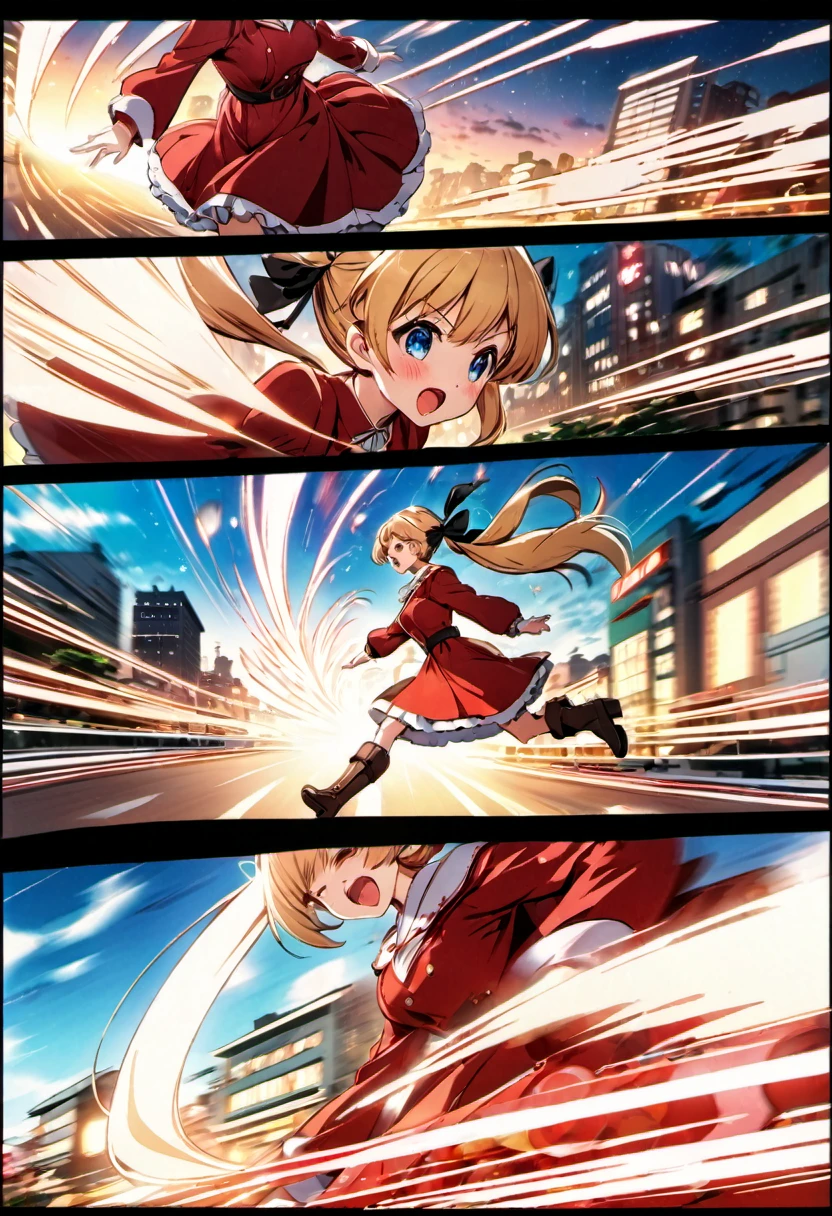 magical motion blur. (best quality, highres, ultra sharp), (motion blur:1.2), Candy Candy\' by Toei Animation, detailed art style, vintage aesthetic, emotional melodrama, inspired by Keiko Nagita and Yumiko Igarashi's original manga, Motion Blur, city night, Blonde, twintails, boots, red dress, ribbon, blue eyes, magical sky, stars, clouds, Motion Blur landscape, motion blur and motion blur, comic, vignettes