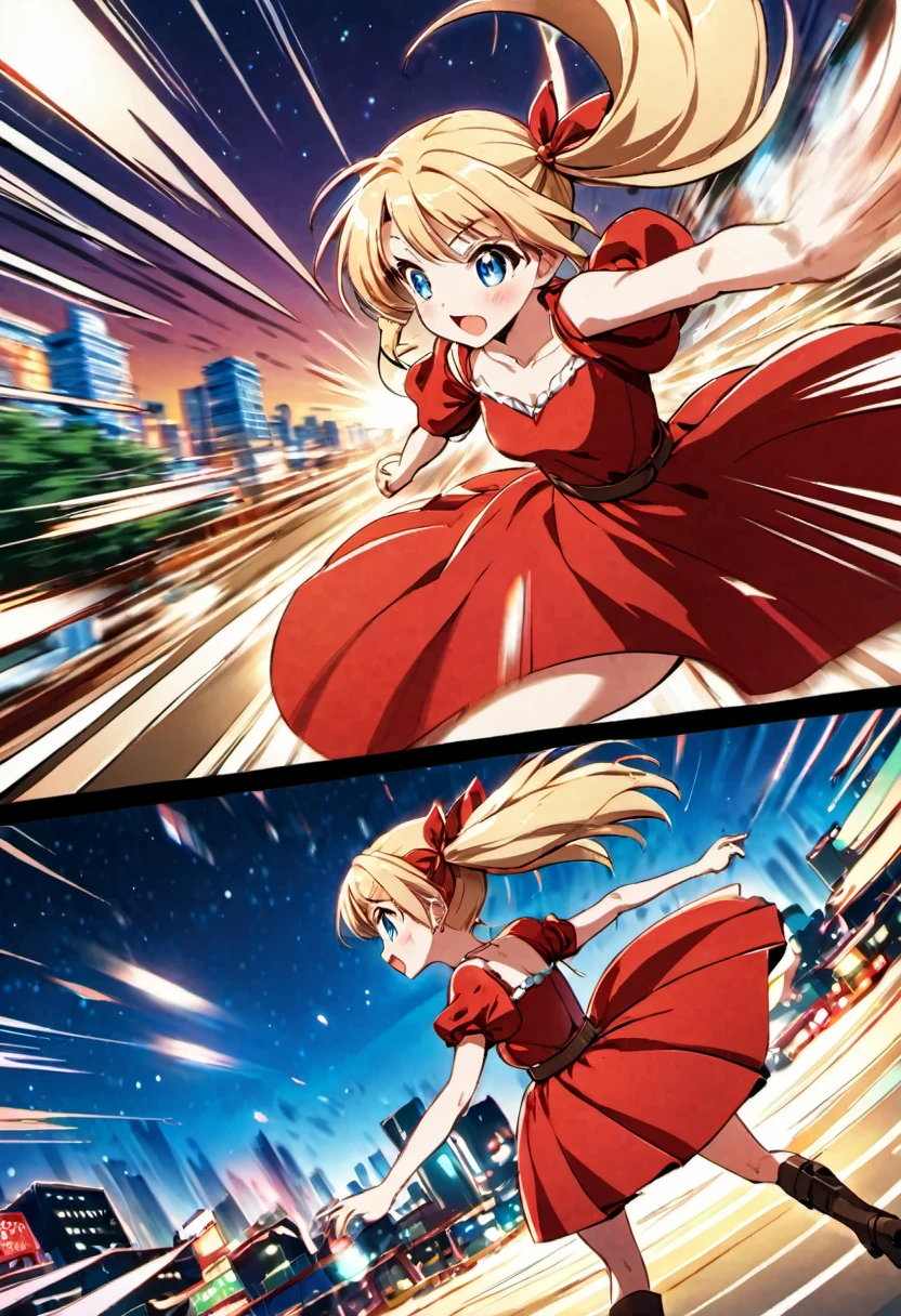 magical motion blur. (best quality, highres, ultra sharp), (motion blur:1.2), Candy Candy\' by Toei Animation, detailed art style, vintage aesthetic, emotional melodrama, inspired by Keiko Nagita and Yumiko Igarashi's original manga, Motion Blur, city night, Blonde, twintails, boots, red dress, ribbon, blue eyes, magical sky, stars, clouds, Motion Blur landscape, motion blur and motion blur, comic, vignettes