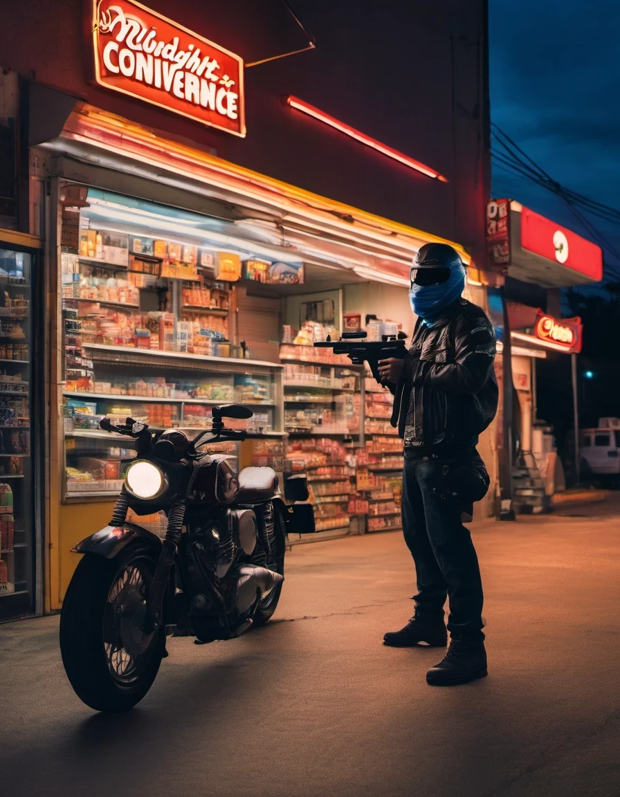 (midnight convenience store,Midnight convenience store), Masked man with gun,motorcycle,commercial photography, Canon EF 35mm, f1.8, Photography, fine detail, highly photorealistic, HD, HDR, 8K, real-life.