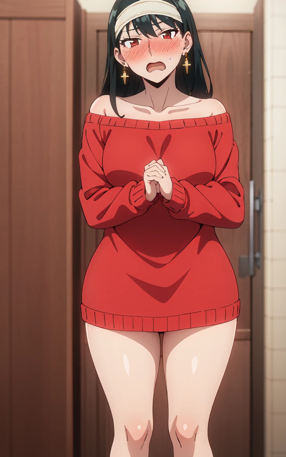 (masterpiece), (best quality), 4k soft lighting, red sweater, off shoulder top, bare shoulder, hands covering mouth, white headband, gold earrings, Standing in bathroom, mature woman, 36 years old, milf, cleavege, extreme blush, drunk, drunken, lea, drunken yor, anime blush, red face, head tilted to side, long sleeve, woozy, tipsy, top down, downblouse, large hips, thick thighs, shocked, wide eyes, mouth open wide, shy, embaraced, medium breasts, thigh gap, no pants, naked legs