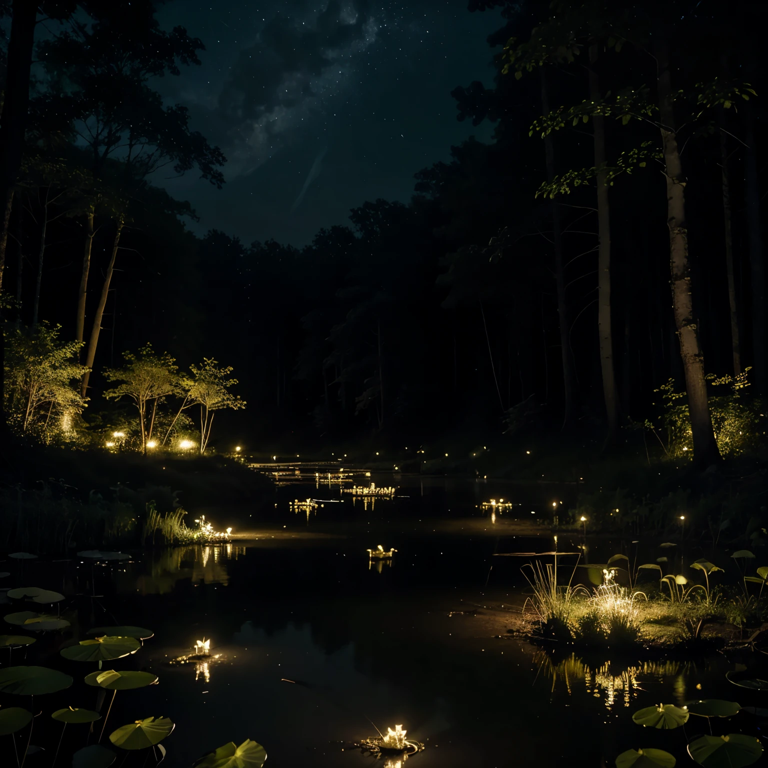 dark forest, night time, dark outside, fireflies being the only thing lighting up the forest, lake with white glowy mythical butterflies flying to water lilies